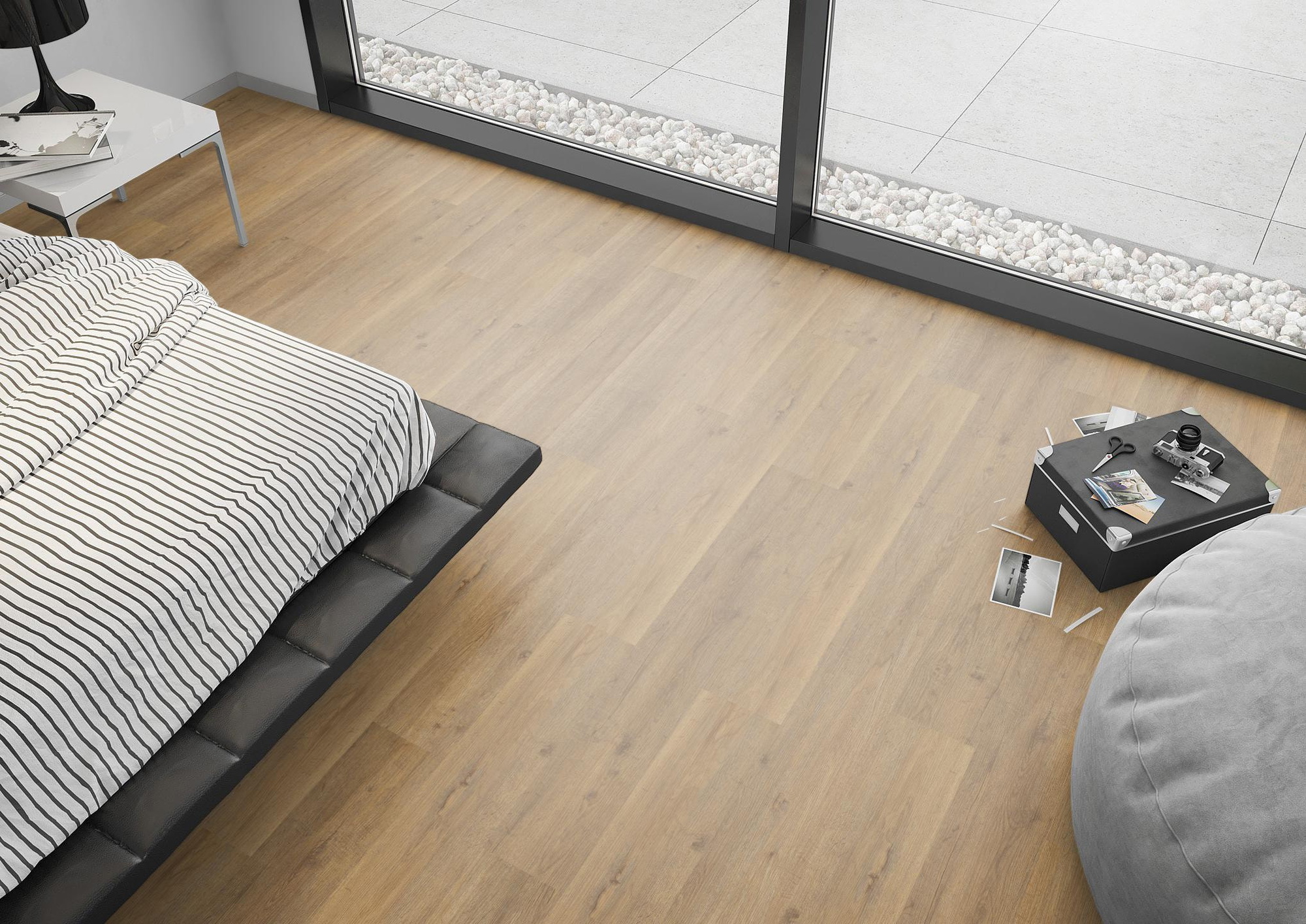 Milieubild Schlafzimmer mit Sitzkissen - nexflor Rigid Klick-Vinyl Apollo Click Collection Delphi Oak Milieubild Schlafzimmer mit Sitzkissen - nexflor NXF-60030-002