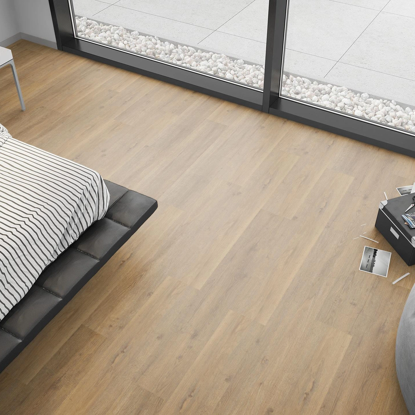 Milieubild Schlafzimmer mit Sitzkissen - nexflor Rigid Klick-Vinyl Apollo Click Collection Delphi Oak Milieubild Schlafzimmer mit Sitzkissen - nexflor NXF-60030-002