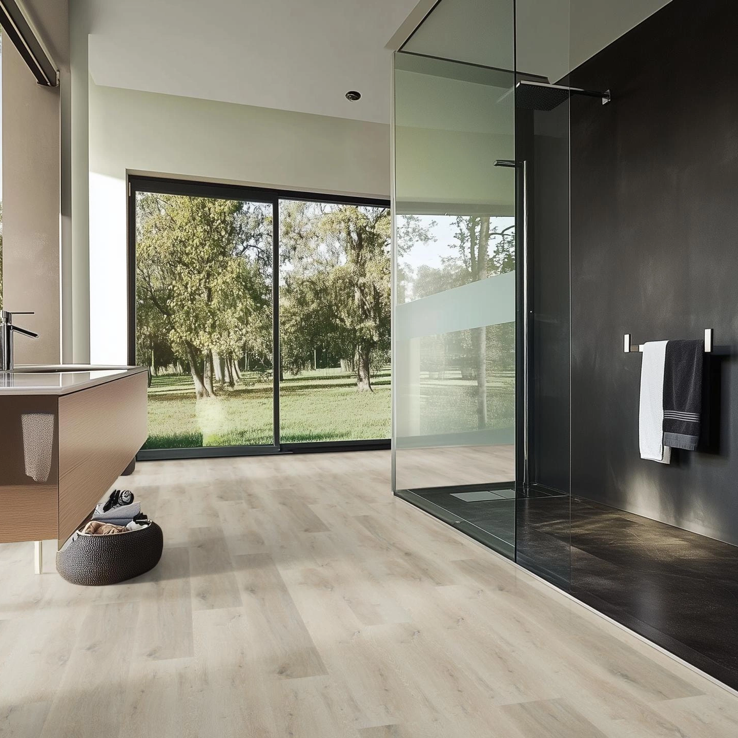 Milieubild Modernes Badezimmer mit bodentiefer Dusche - nexflor Klebe-Vinyl Helios Collection Phocis Oak Milieubild Modernes Badezimmer mit bodentiefer Dusche - nexflor NXF-10030-001