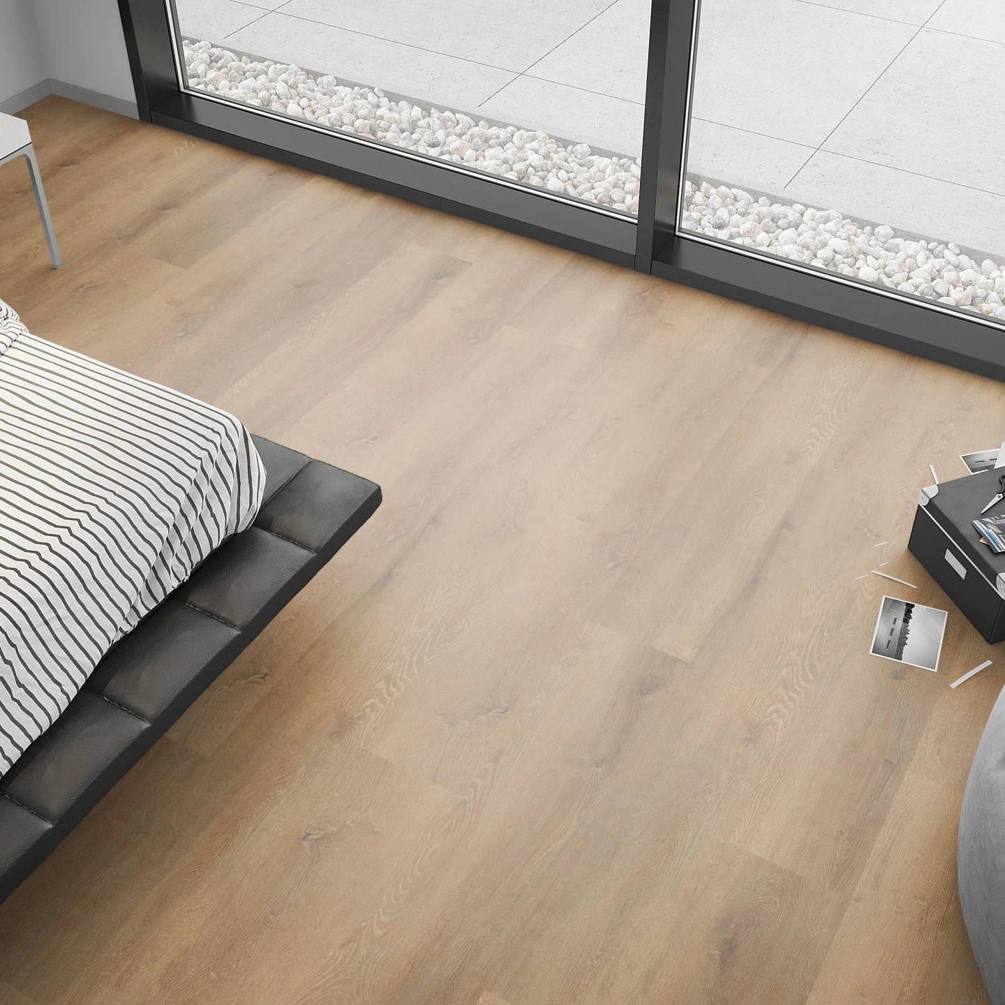 Milieubild Schlafzimmer mit Sitzkissen - nexflor Rigid Klick-Vinyl Helios Click Collection Pylos Oak Milieubild Schlafzimmer mit Sitzkissen - nexflor NXF-20030-008