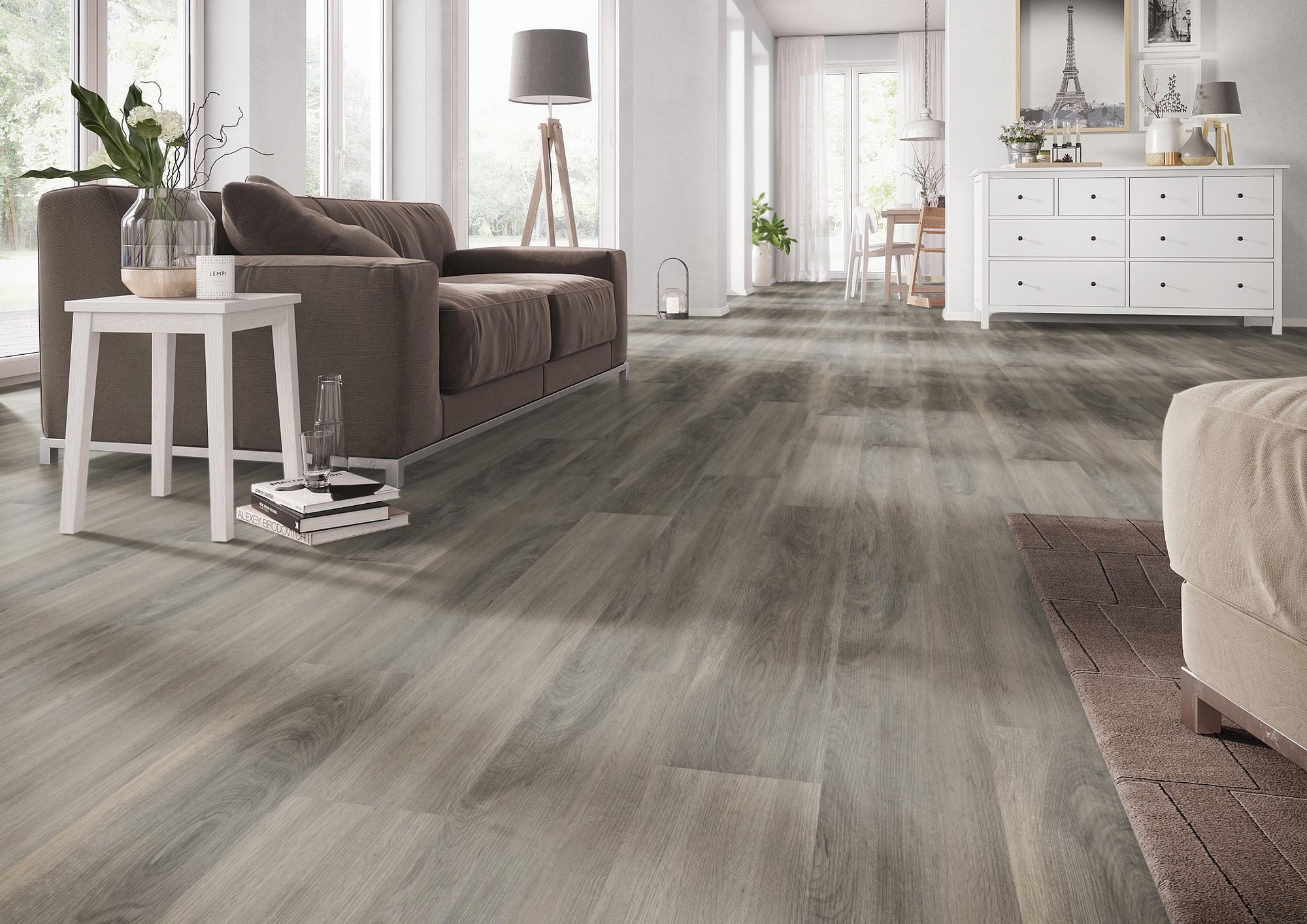 Milieubild Wohnzimmer mit Couch - nexflor Rigid Klick-Vinyl Apollo Click Collection Delos Oak Milieubild Wohnzimmer mit Couch - nexflor NXF-60030-007