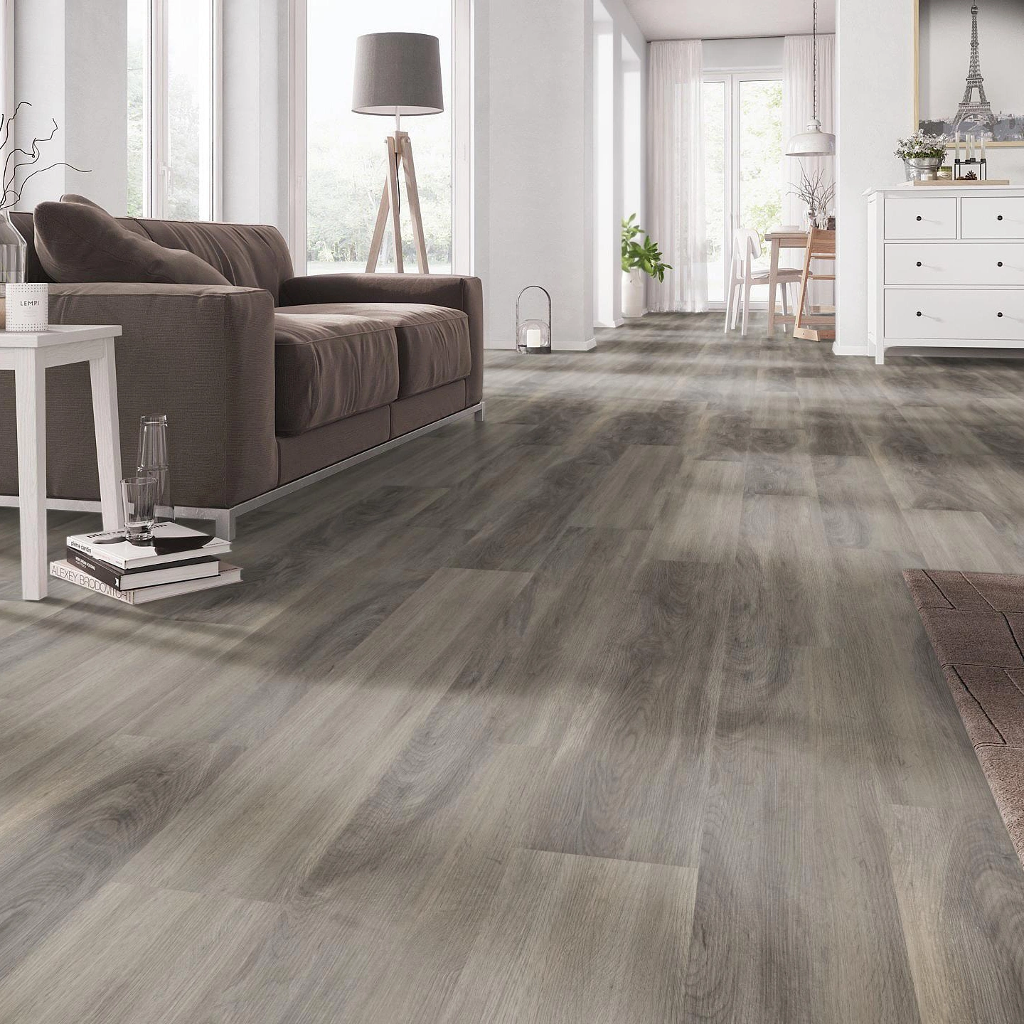 Milieubild Wohnzimmer mit Couch - nexflor Rigid Klick-Vinyl Apollo Click Collection Delos Oak Milieubild Wohnzimmer mit Couch - nexflor NXF-60030-007