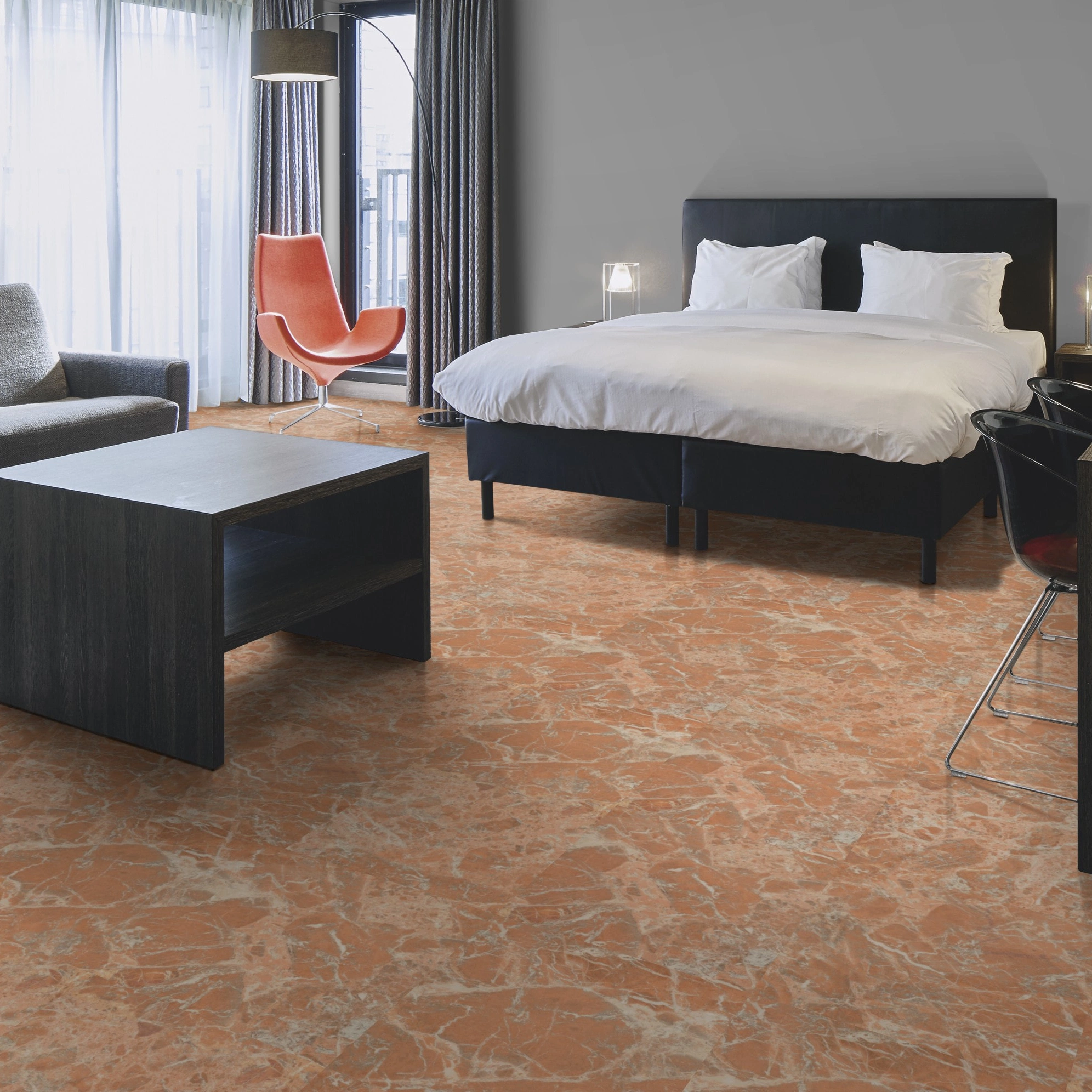 Milieubild Hotelzimmer mit Kingsize-Bett - Forbo Flooring Klebe-Vinyl Allura Dryback 0.55 Material Peach Marble Milieubild Hotelzimmer mit Kingsize-Bett - Forbo Flooring 243648