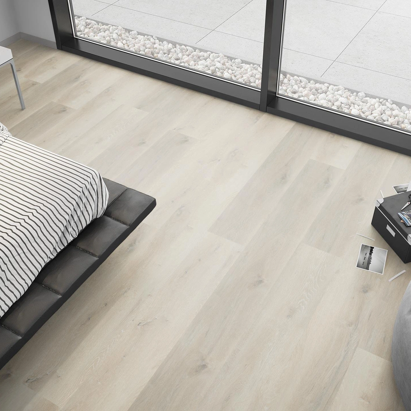 Milieubild Schlafzimmer mit Sitzkissen - nexflor Rigid Klick-Vinyl Helios Click Collection Phocis Oak Milieubild Schlafzimmer mit Sitzkissen - nexflor NXF-20030-001