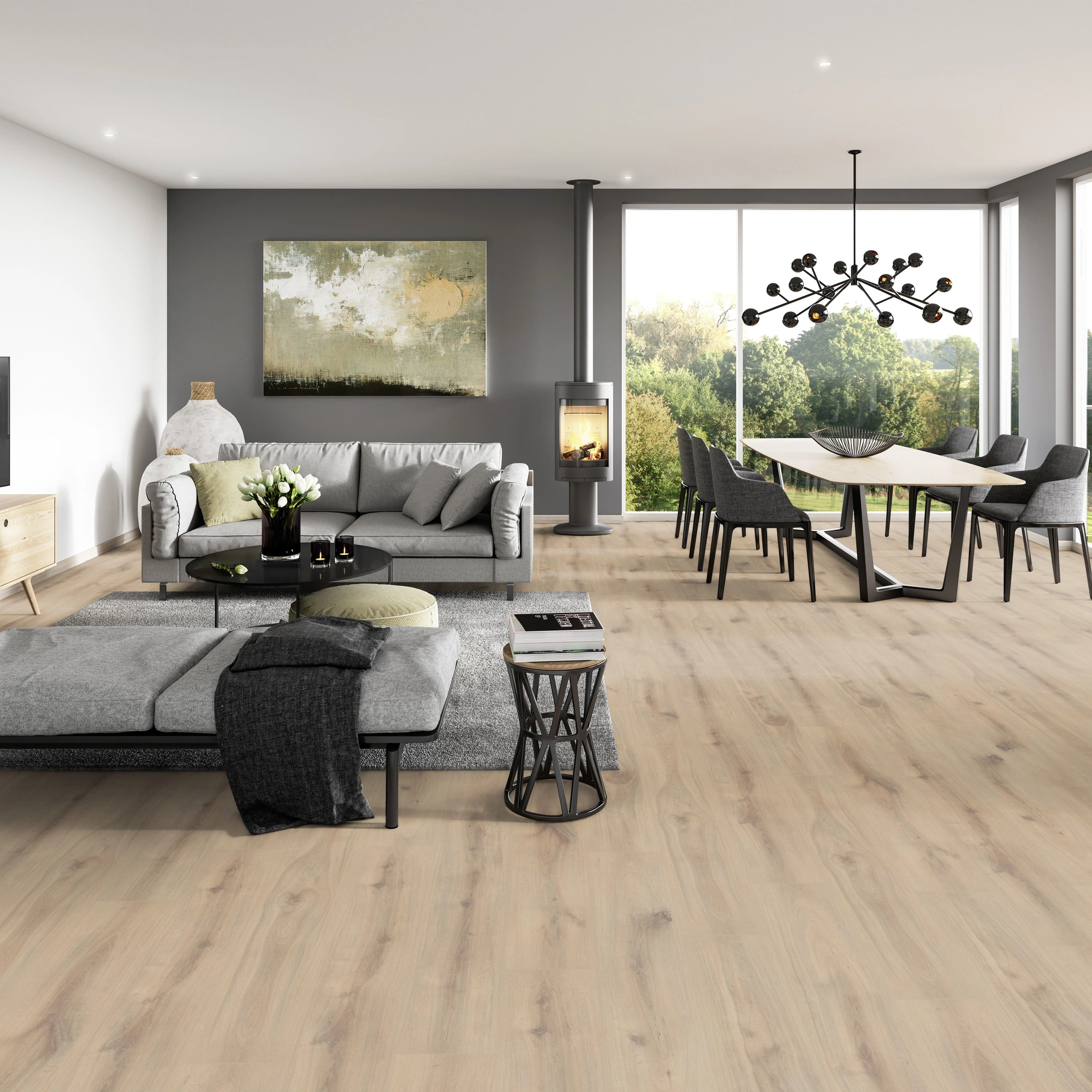 Milieubild Modernes Wohnzimmer mit Essbereich - ter Hürne Klick-Designboden Dureco Strong Classic Edition Eiche Zanzibar Milieubild Modernes Wohnzimmer mit Essbereich - ter Hürne 1101260045