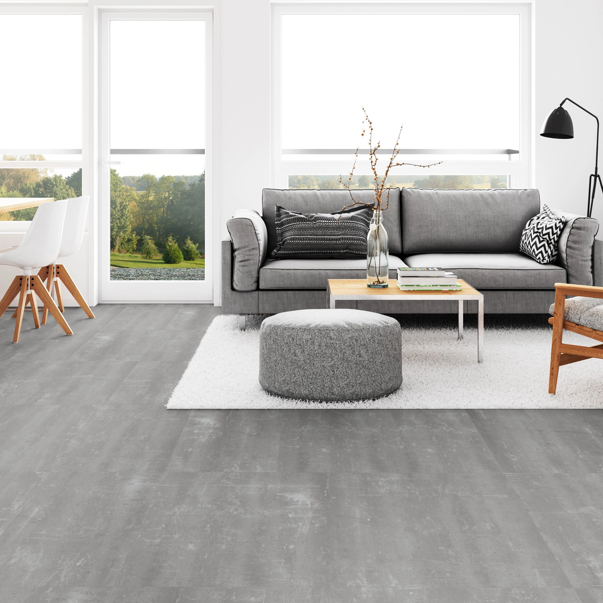Milieubild Wohnzimmer mit Esszimmer - Tarkett Klebe-Vinyl Essence 30 Scratched Cement Grey Milieubild Wohnzimmer mit Esszimmer - Tarkett 260056010
