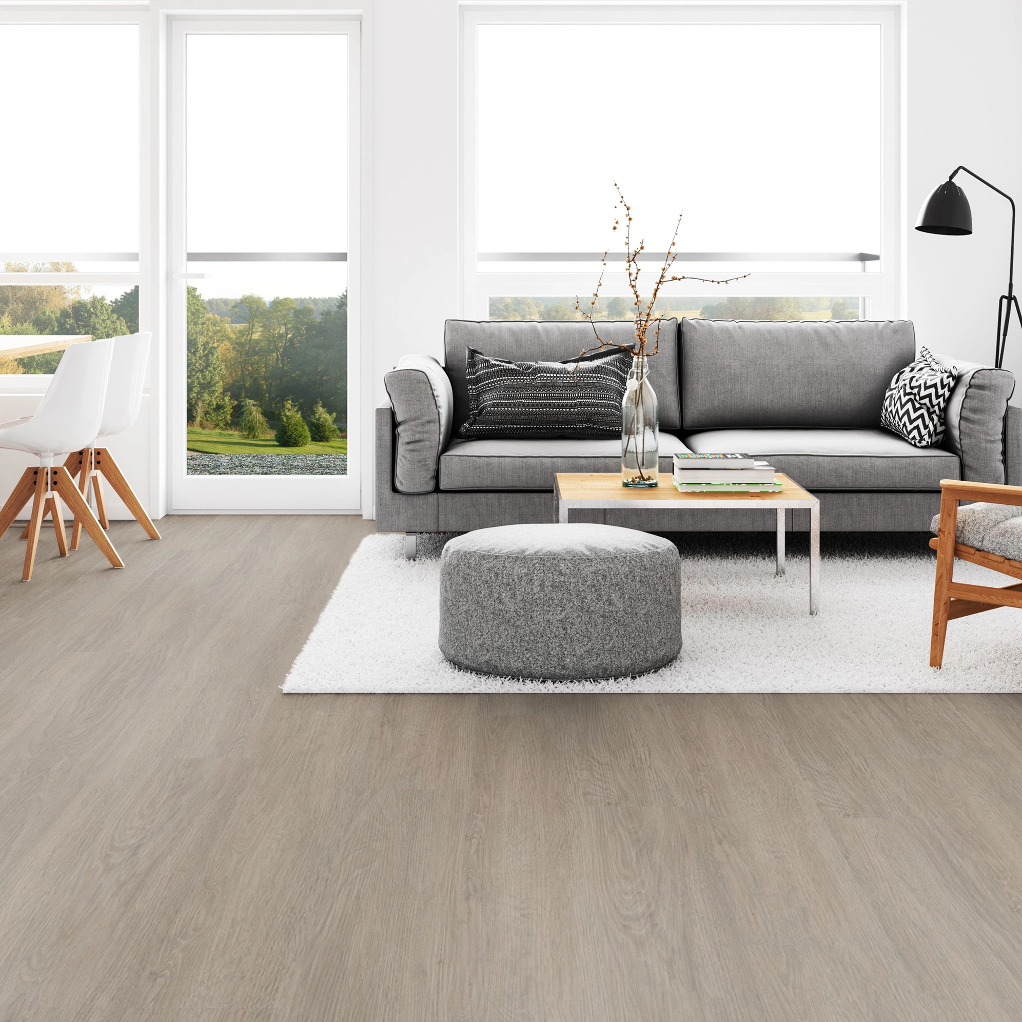 Milieubild Wohnzimmer mit Esszimmer - Tarkett Klebe-Vinyl Essence 30 Cool Oak Light Beige Milieubild Wohnzimmer mit Esszimmer - Tarkett 260055002