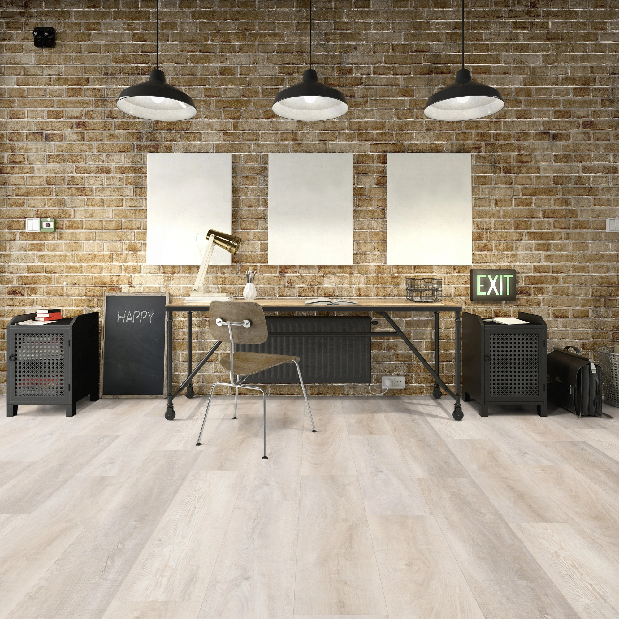 Milieubild Industrielles Wohnzimmer mit Arbeitsbereich - Friends by ter Hürne HDF Klick-Vinyl Eiche Clara Milieubild Industrielles Wohnzimmer mit Arbeitsbereich - Friends by ter Hürne 1188200103