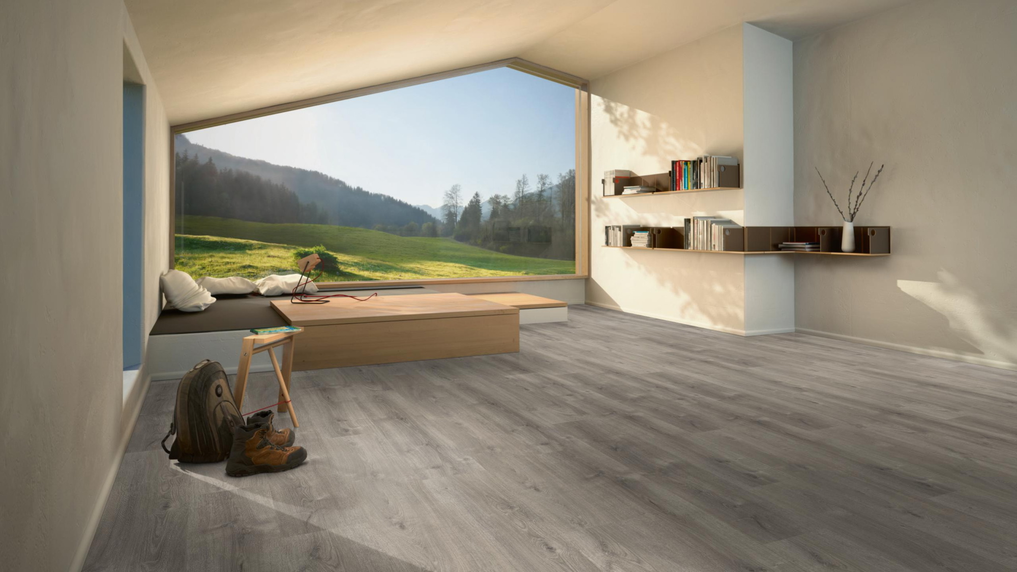 Milieubild Moderne Hütte mit Blick in die Natur - Parador Laminat Basic 600 Eiche Valere perlgrau gekälkt Milieubild Moderne Hütte mit Blick in die Natur - Parador 1744355