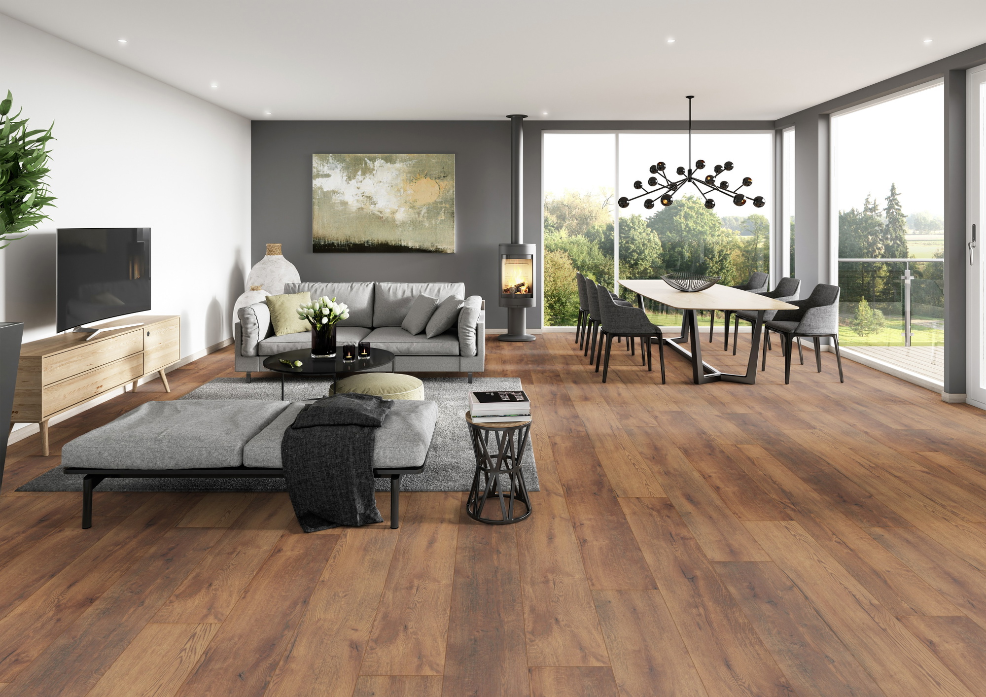 Milieubild Modernes Wohnzimmer mit Essbereich - ter Hürne HDF Klick-Designboden Dureco Silent Grand Edition Eiche Tonga Milieubild Modernes Wohnzimmer mit Essbereich - ter Hürne 1101330011