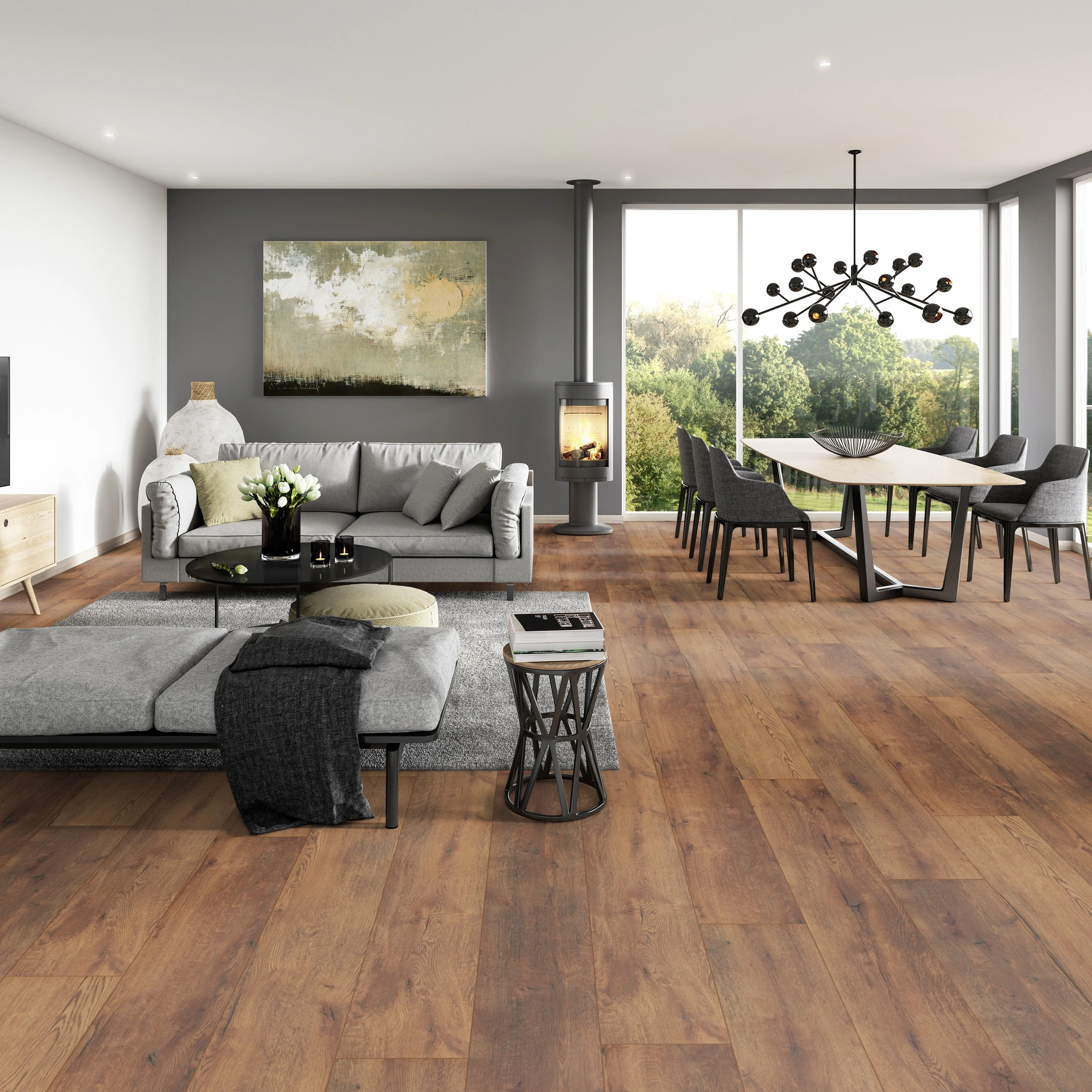 Milieubild Modernes Wohnzimmer mit Essbereich - ter Hürne HDF Klick-Designboden Dureco Silent Grand Edition Eiche Tonga Milieubild Modernes Wohnzimmer mit Essbereich - ter Hürne 1101330011