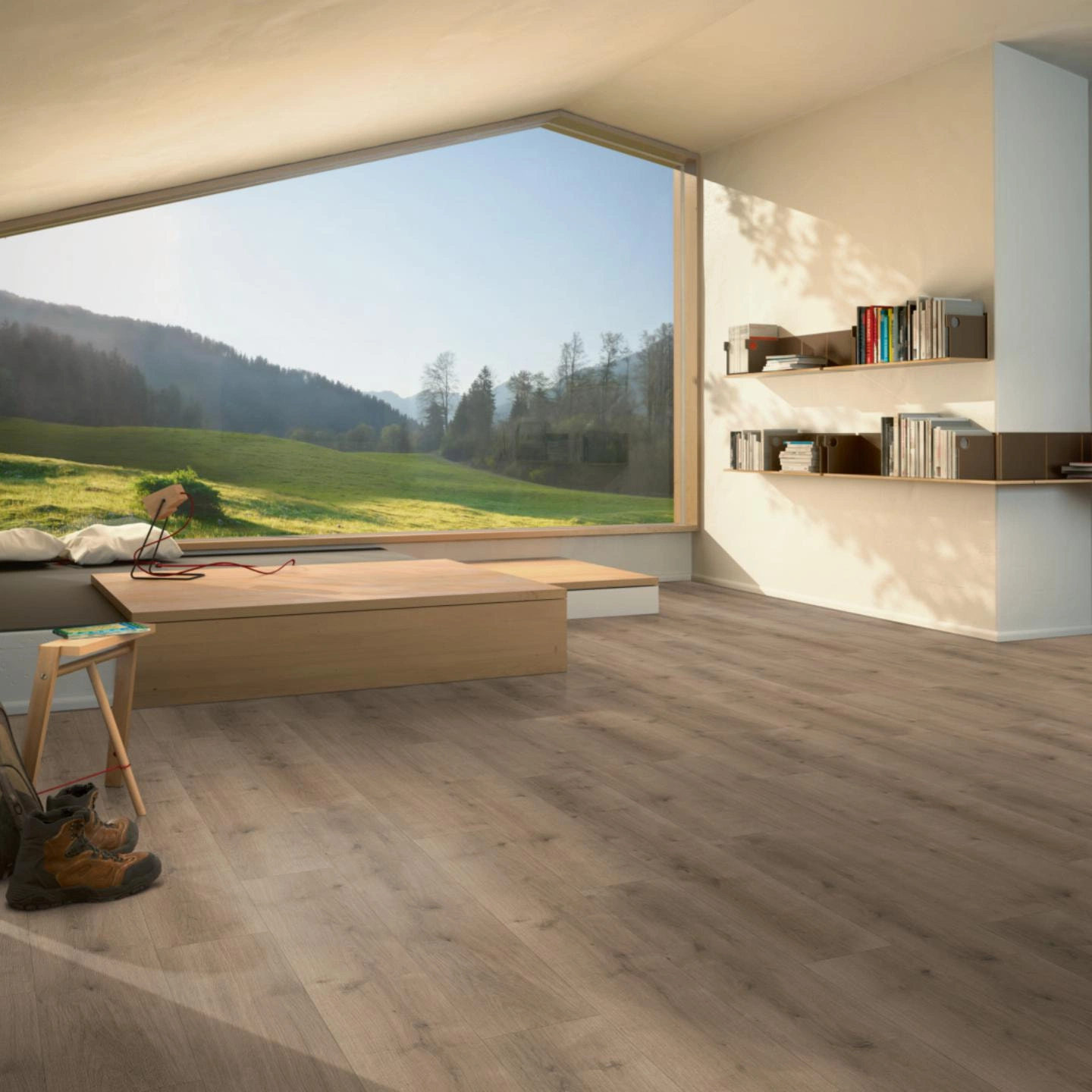 Milieubild Moderne Hütte mit Blick in die Natur - Parador HDF Klick-Designboden Modular ONE Eiche Pure perlgrau Milieubild Moderne Hütte mit Blick in die Natur - Parador 1730768