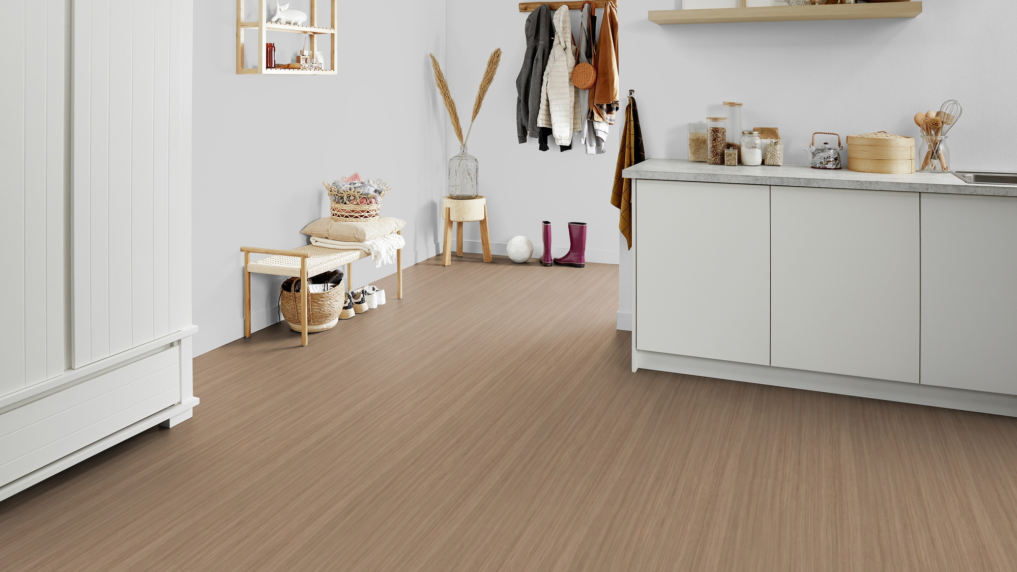 Milieubild Kompakte Küchenzeile im offenen Wohnbereich - Forbo Flooring Marmoleum Click Withered Prairie Milieubild Kompakte Küchenzeile im offenen Wohnbereich - Forbo Flooring 176504