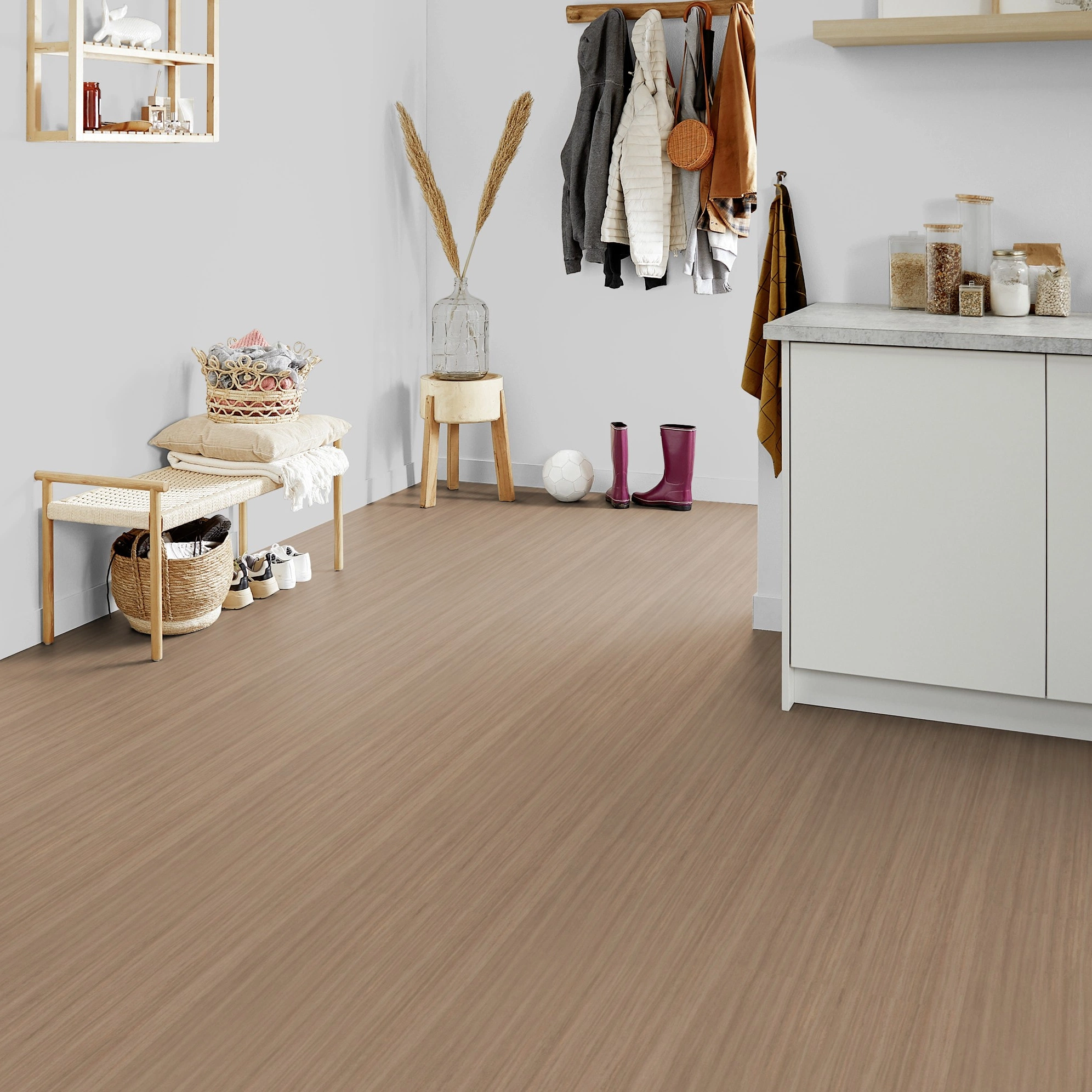 Milieubild Kompakte Küchenzeile im offenen Wohnbereich - Forbo Flooring Marmoleum Click Withered Prairie Milieubild Kompakte Küchenzeile im offenen Wohnbereich - Forbo Flooring 176504