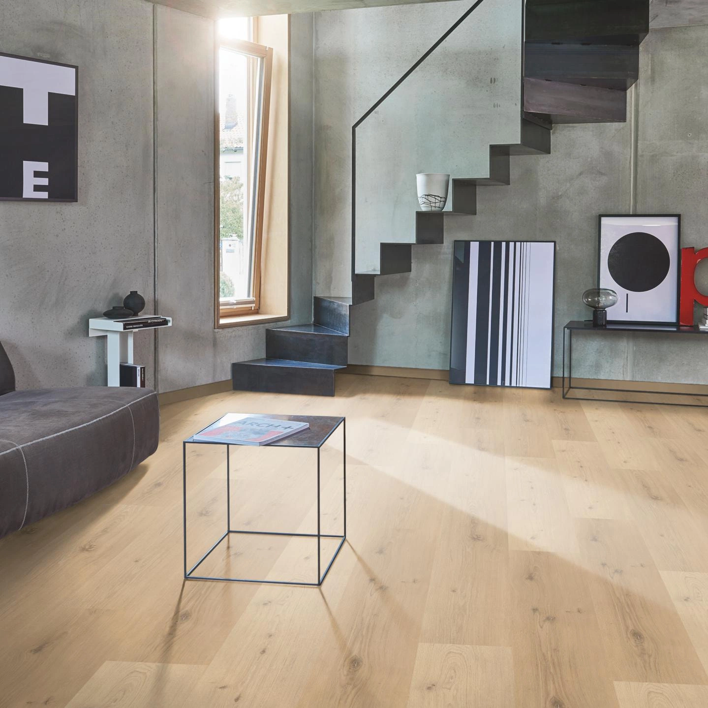 Milieubild Wohnzimmer im modernen Loft-Stil - Parador HDF Klick-Vinyl Classic 2030 Eiche Natural Mix hell Milieubild Wohnzimmer im modernen Loft-Stil - Parador 1730639