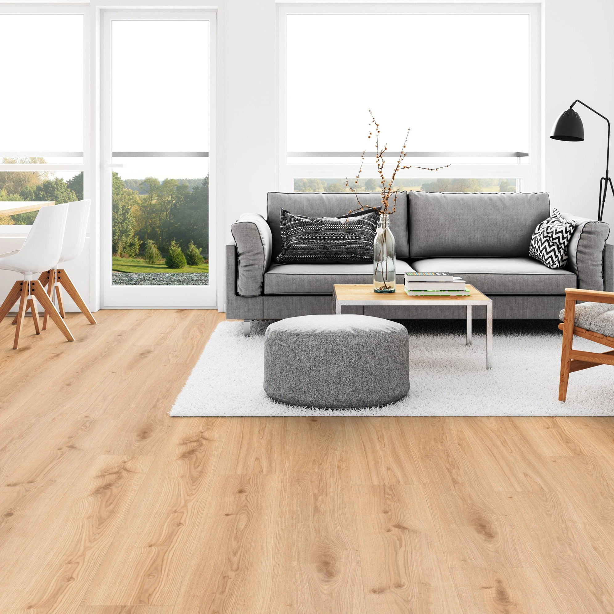 Milieubild Wohnzimmer mit Esszimmer - Tarkett Klebe-Vinyl Essence 55 Primary Oak Light Brown Milieubild Wohnzimmer mit Esszimmer - Tarkett 260053005