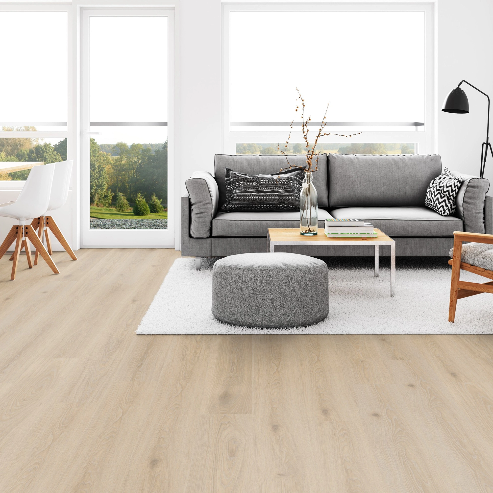 Milieubild Wohnzimmer mit Esszimmer - Tarkett Rigid Klick-Designboden iD Evolution Rigid Home Highland Oak Beige Milieubild Wohnzimmer mit Esszimmer - Tarkett 280041004