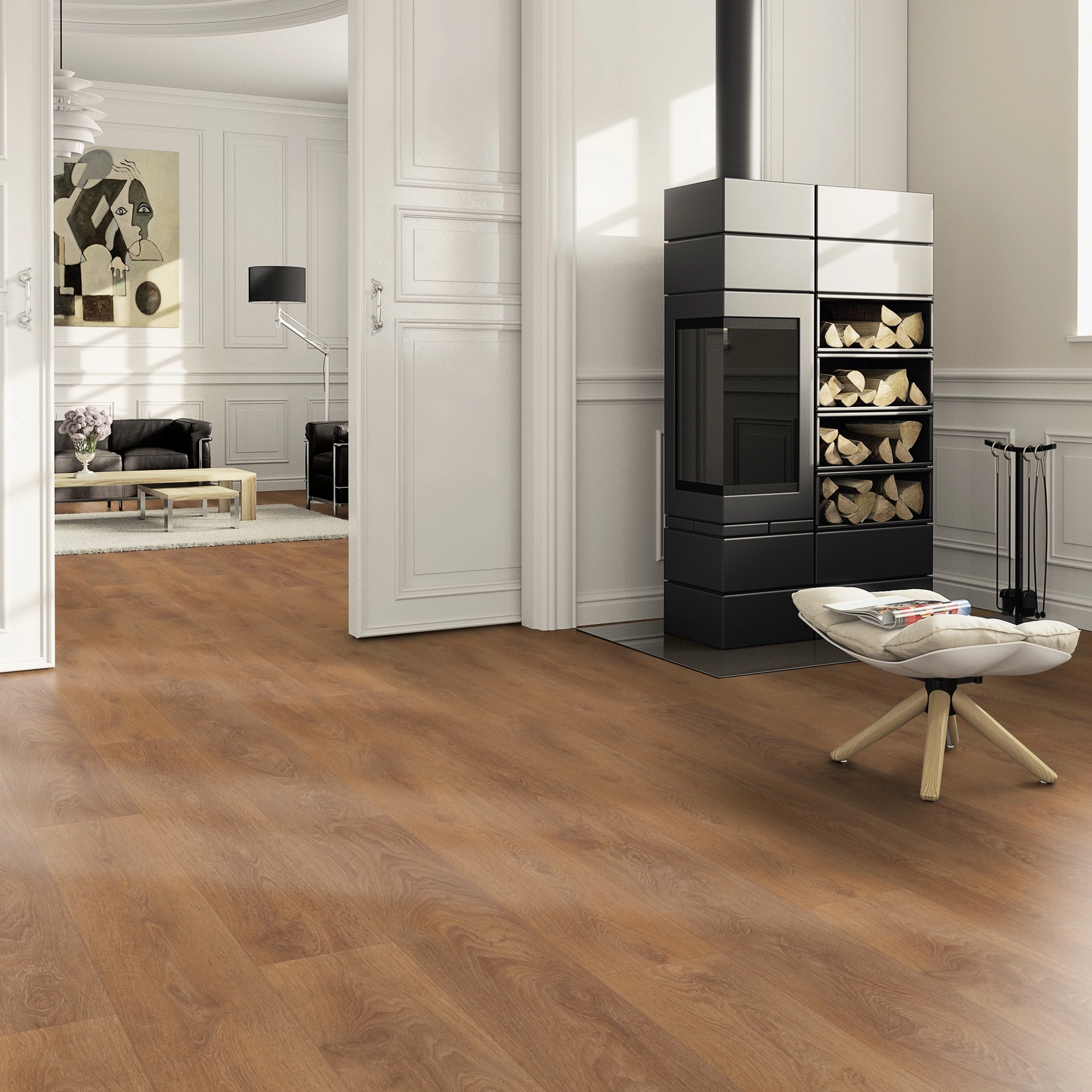 Milieubild Wohnzimmer im Landhaus-Stil mit Kamin - ter Hürne Laminat Classic Edition Eiche Texas Diner Milieubild Wohnzimmer im Landhaus-Stil mit Kamin - ter Hürne 1101021840