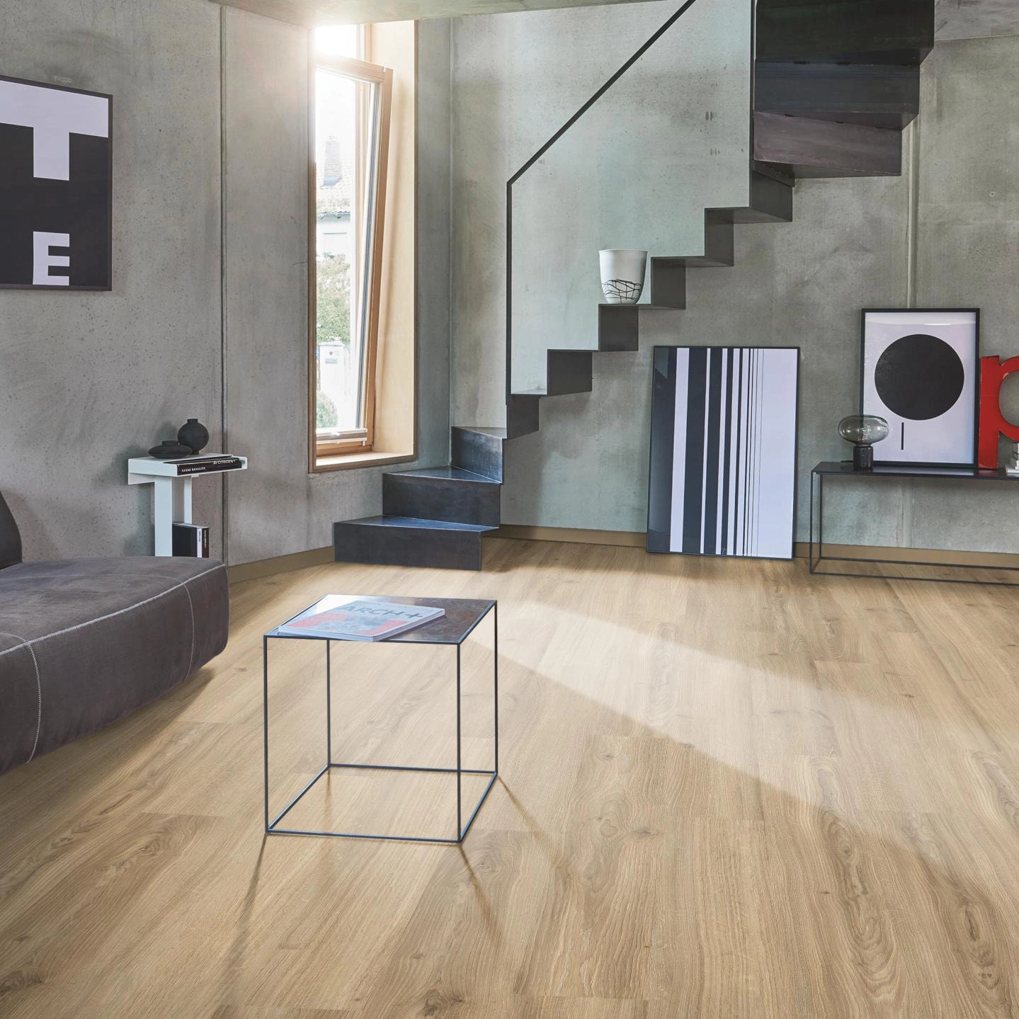 Milieubild Wohnzimmer im modernen Loft-Stil - Parador Laminat Basic 400 Eiche Studioline beige Milieubild Wohnzimmer im modernen Loft-Stil - Parador 1748183