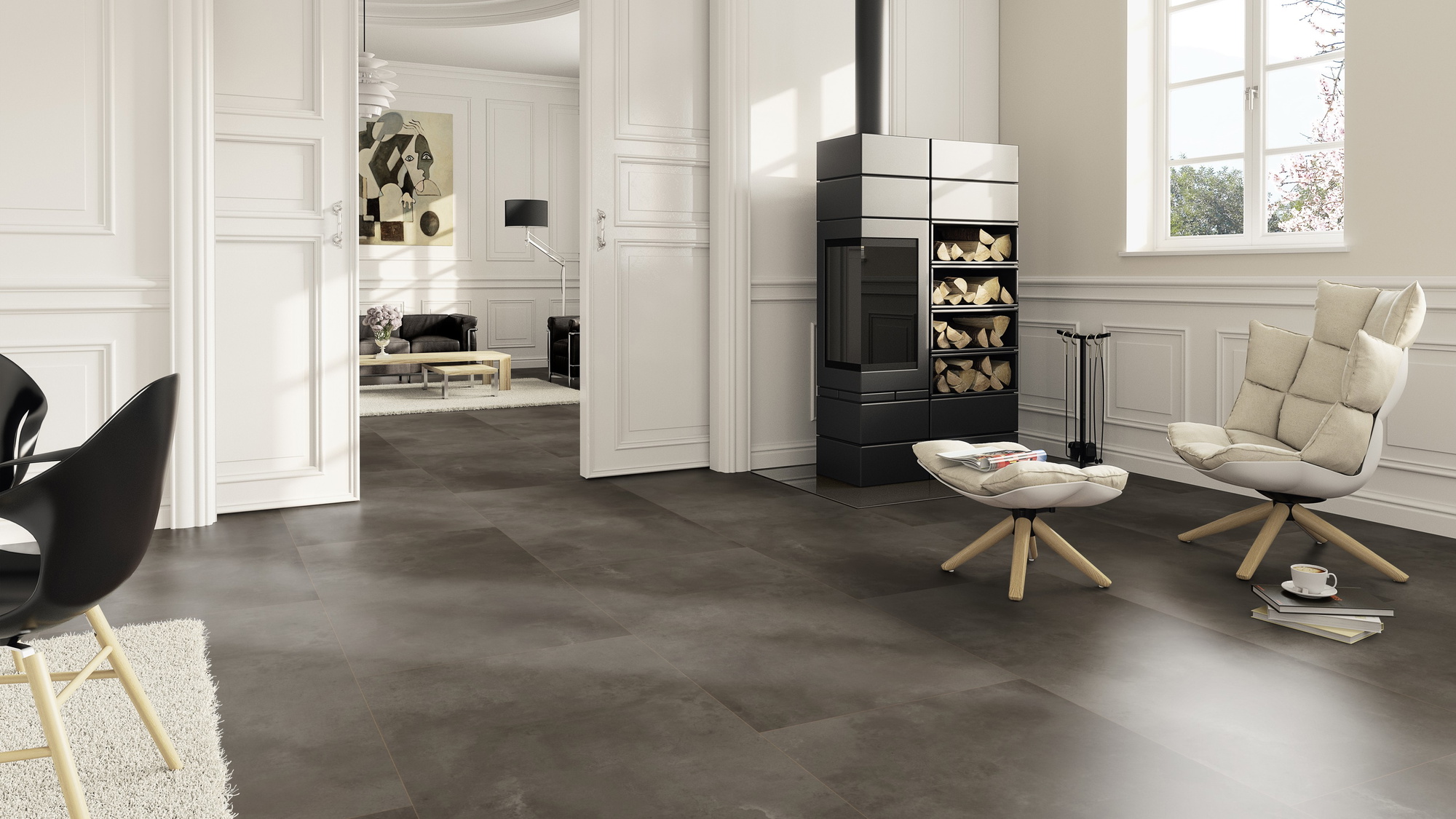 Milieubild Wohnzimmer im Landhaus-Stil mit Kamin - ter Hürne Klebe-Designboden Avatara Pro Stone Edition Stein Orion Milieubild Wohnzimmer im Landhaus-Stil mit Kamin - ter Hürne 1101270306