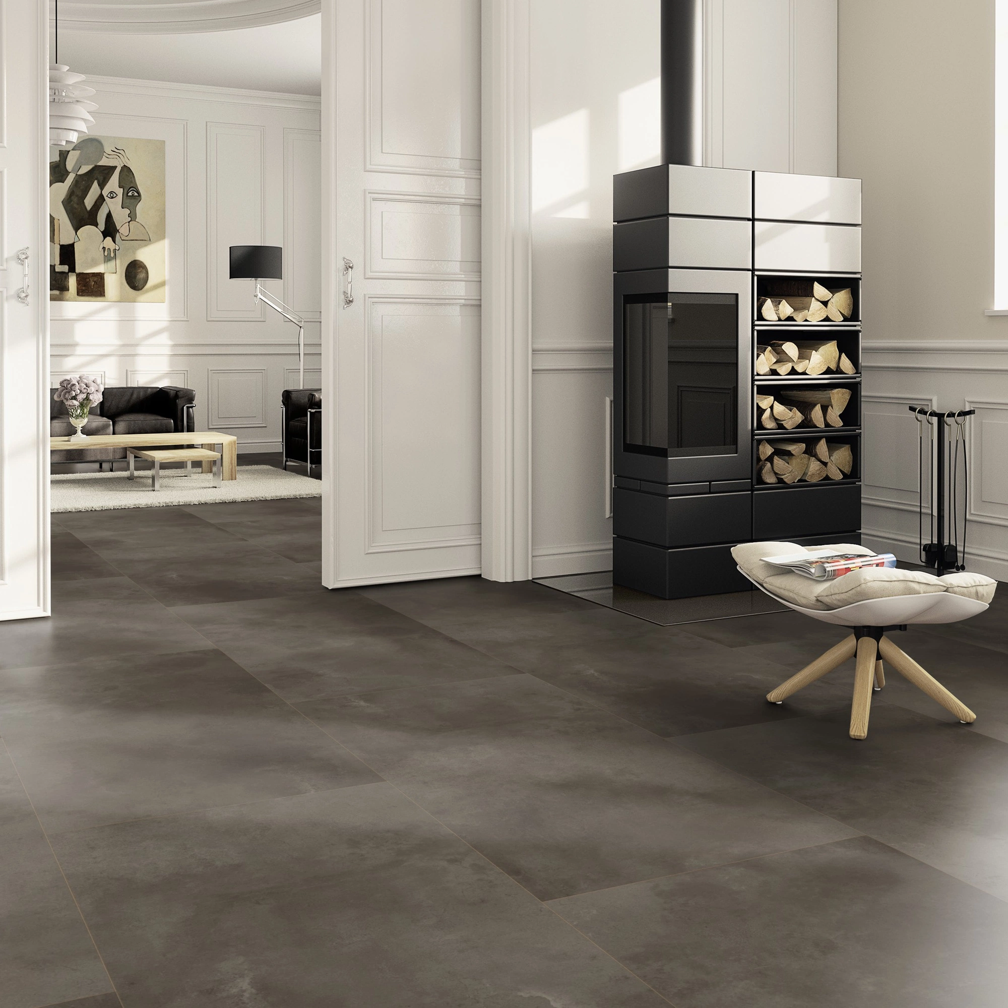 Milieubild Wohnzimmer im Landhaus-Stil mit Kamin - ter Hürne Klebe-Designboden Avatara Pro Stone Edition Stein Orion Milieubild Wohnzimmer im Landhaus-Stil mit Kamin - ter Hürne 1101270306