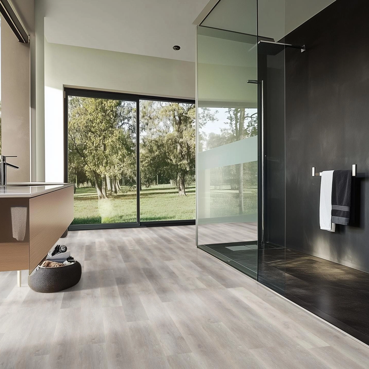 Milieubild Modernes Badezimmer mit bodentiefer Dusche - nexflor Rigid Klick-Vinyl Apollo Click Collection Ephesus Oak Milieubild Modernes Badezimmer mit bodentiefer Dusche - nexflor NXF-60030-009