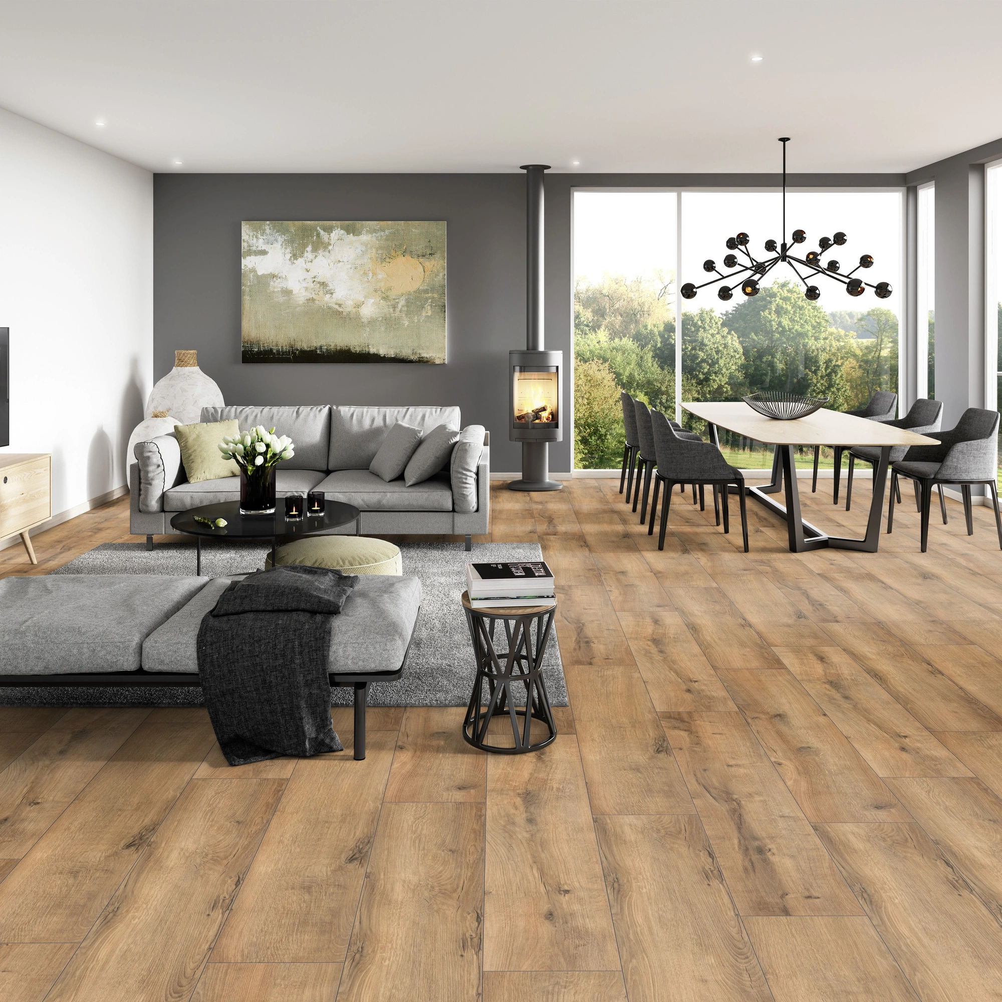 Milieubild Modernes Wohnzimmer mit Essbereich - ter Hürne Laminat Trend Edition Eiche Industrial Milieubild Modernes Wohnzimmer mit Essbereich - ter Hürne 1101021823