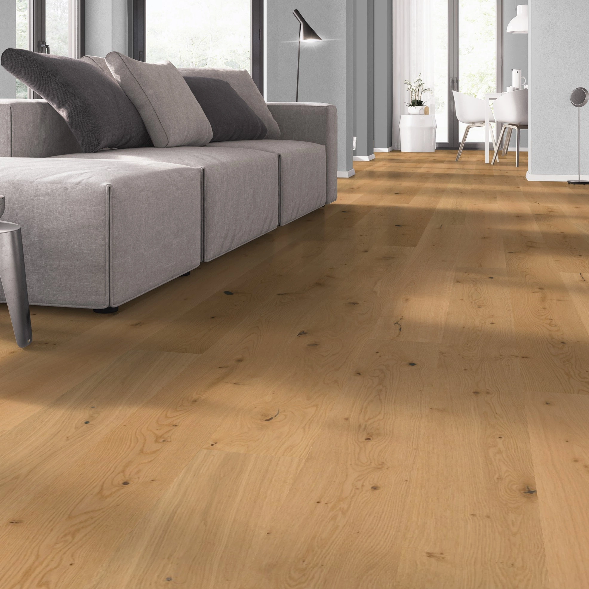 Milieubild Wohnzimmer mit Sofa - bodentiefe Perspektive - Admonter Parkett FLOORs Eiche stone Milieubild Wohnzimmer mit Sofa - bodentiefe Perspektive - Admonter 106188