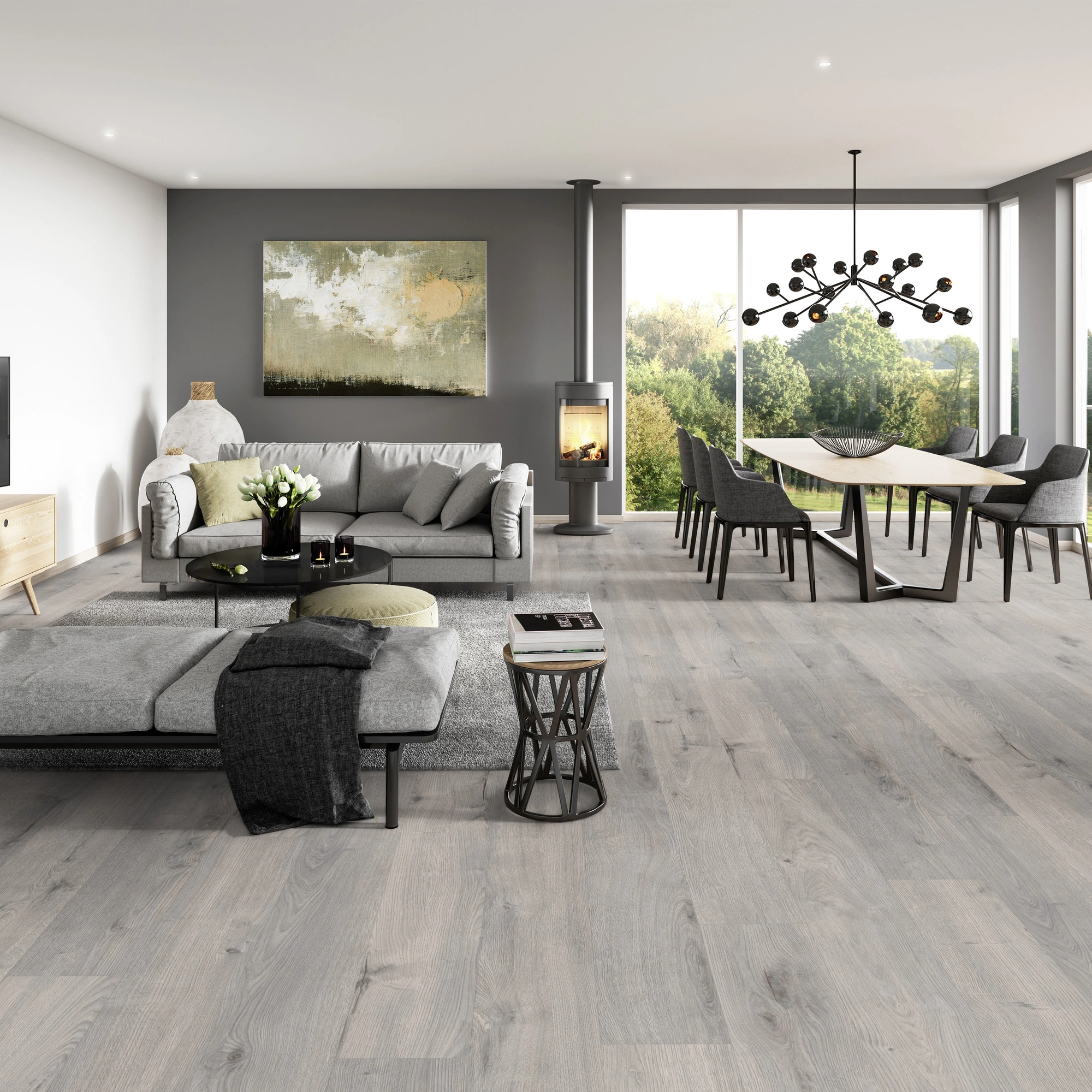 Milieubild Modernes Wohnzimmer mit Essbereich - ter Hürne Laminat Grand Edition Eiche Sky Lounge Milieubild Modernes Wohnzimmer mit Essbereich - ter Hürne 1101021830