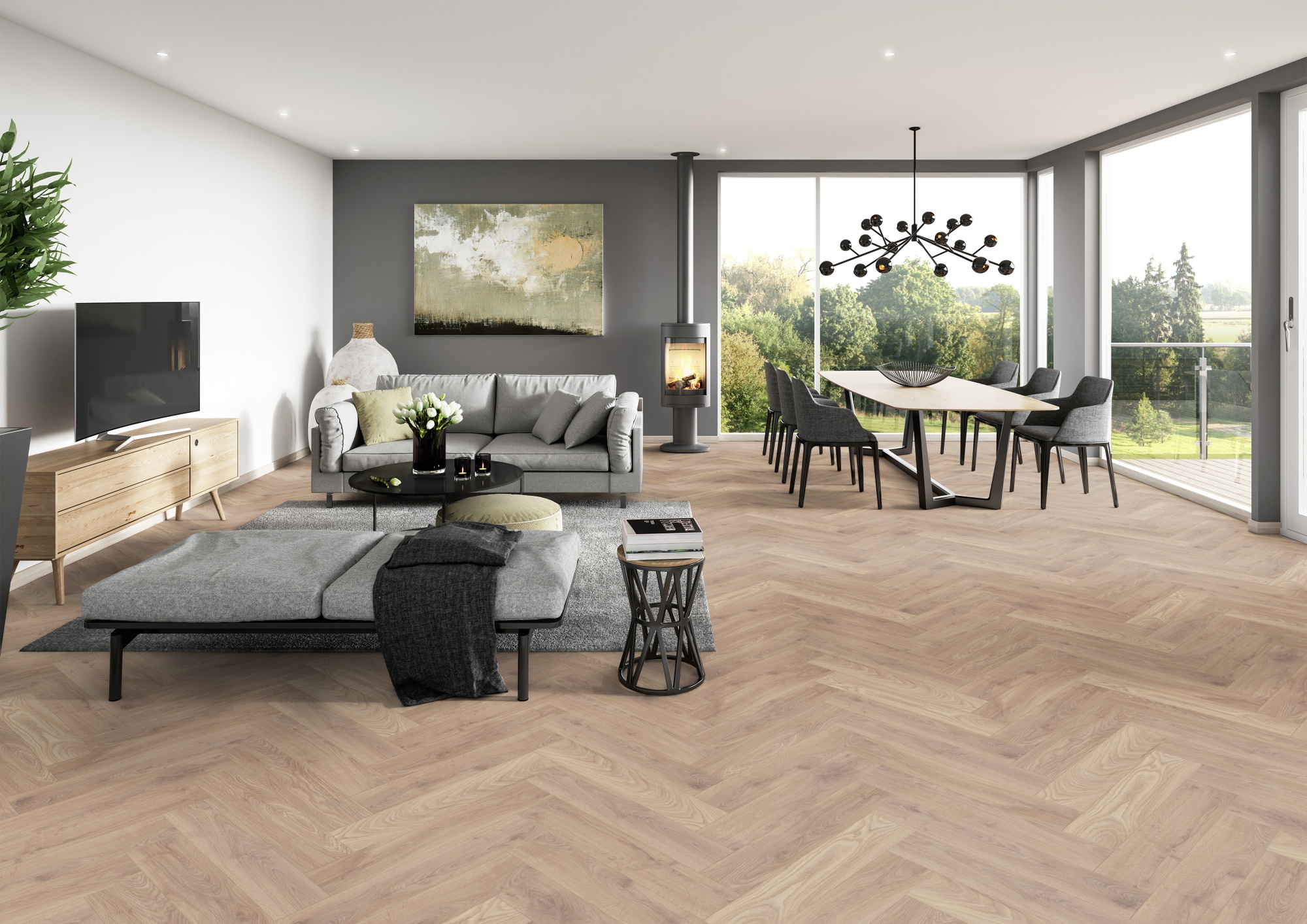 Milieubild Modernes Wohnzimmer mit Essbereich - ter Hürne Laminat Herringbone Edition Eiche Maisonette Milieubild Modernes Wohnzimmer mit Essbereich - ter Hürne 1101021848