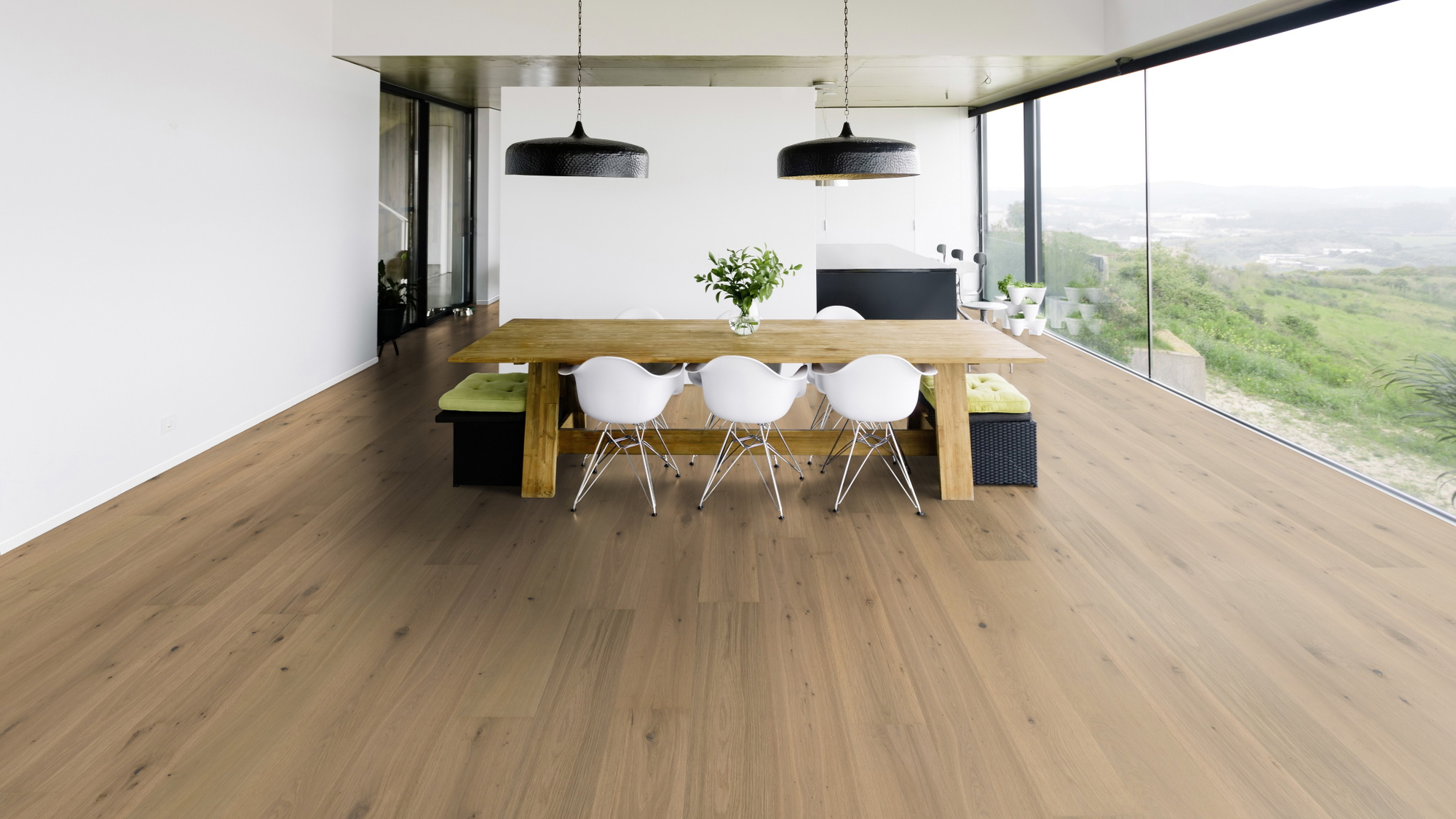 Milieubild Modernes Esszimmer mit Blick in die Natur - Bennett & Jones Parkett Britain's Finest Oak No.26 Bath Milieubild Modernes Esszimmer mit Blick in die Natur - Bennett & Jones 1148010915