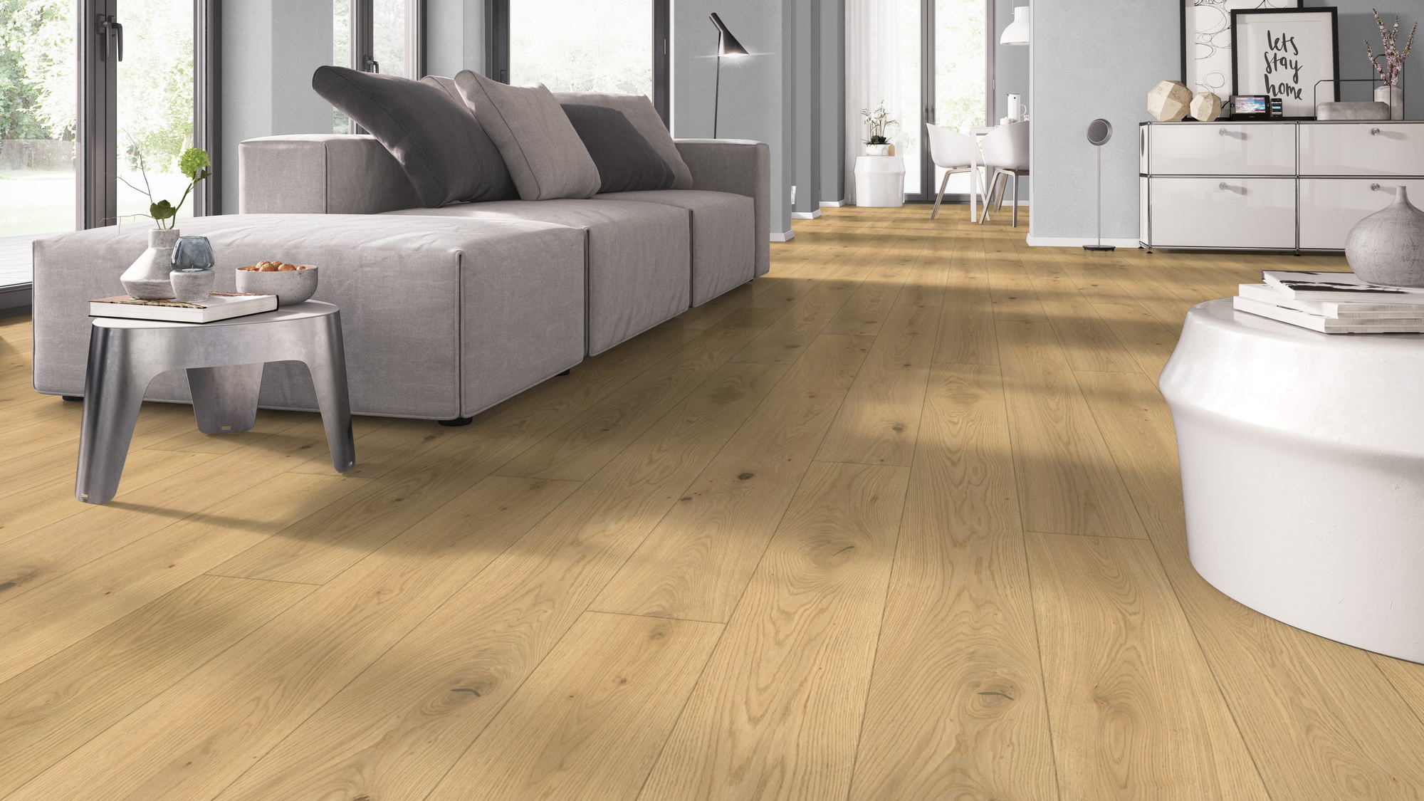 Milieubild Wohnzimmer mit Sofa - bodentiefe Perspektive - Admonter Parkett FLOORs Eiche natura Milieubild Wohnzimmer mit Sofa - bodentiefe Perspektive - Admonter 115774