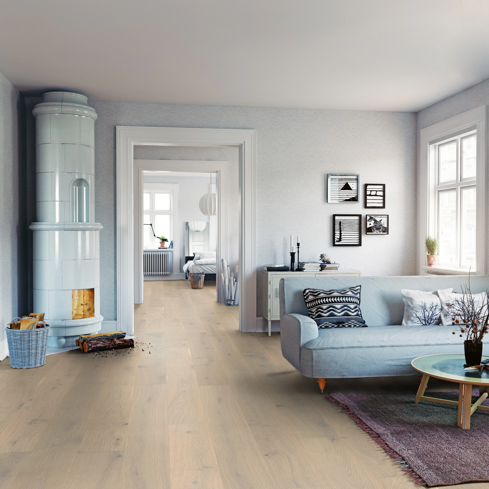 Milieubild Wohnzimmer mit Sofa und Kachelofen - ter Hürne Parkett Noblesse Collection OLIO Eiche Vomero Milieubild Wohnzimmer mit Sofa und Kachelofen - ter Hürne 1101312666