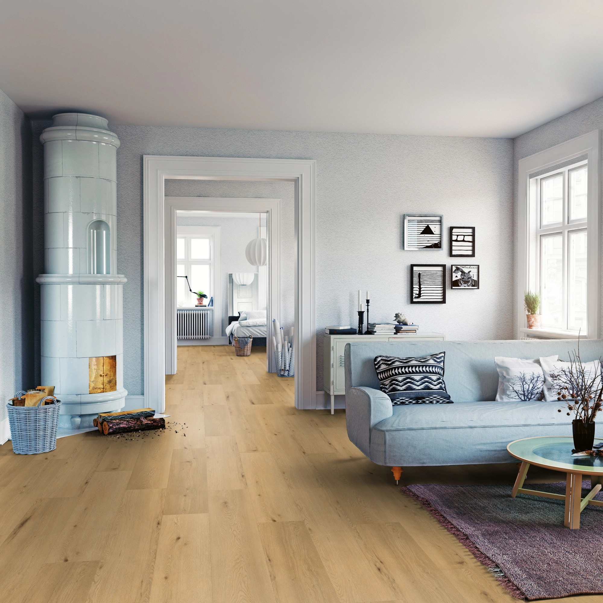 Milieubild Wohnzimmer mit Sofa und Kachelofen - ter Hürne Klebe-Vinyl Pro Classic Edition Eiche Marseille Milieubild Wohnzimmer mit Sofa und Kachelofen - ter Hürne 1101210425