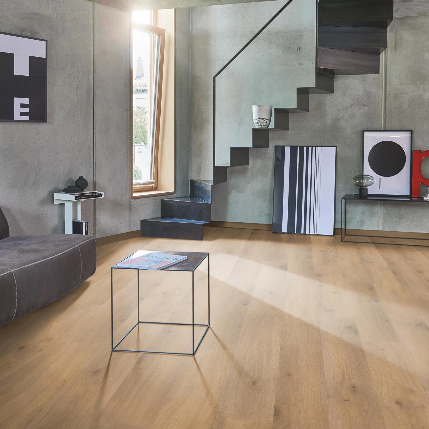 Milieubild Wohnzimmer im modernen Loft-Stil - Parador Laminat Basic 400 Eiche Horizont Natur Milieubild Wohnzimmer im modernen Loft-Stil - Parador 1593797