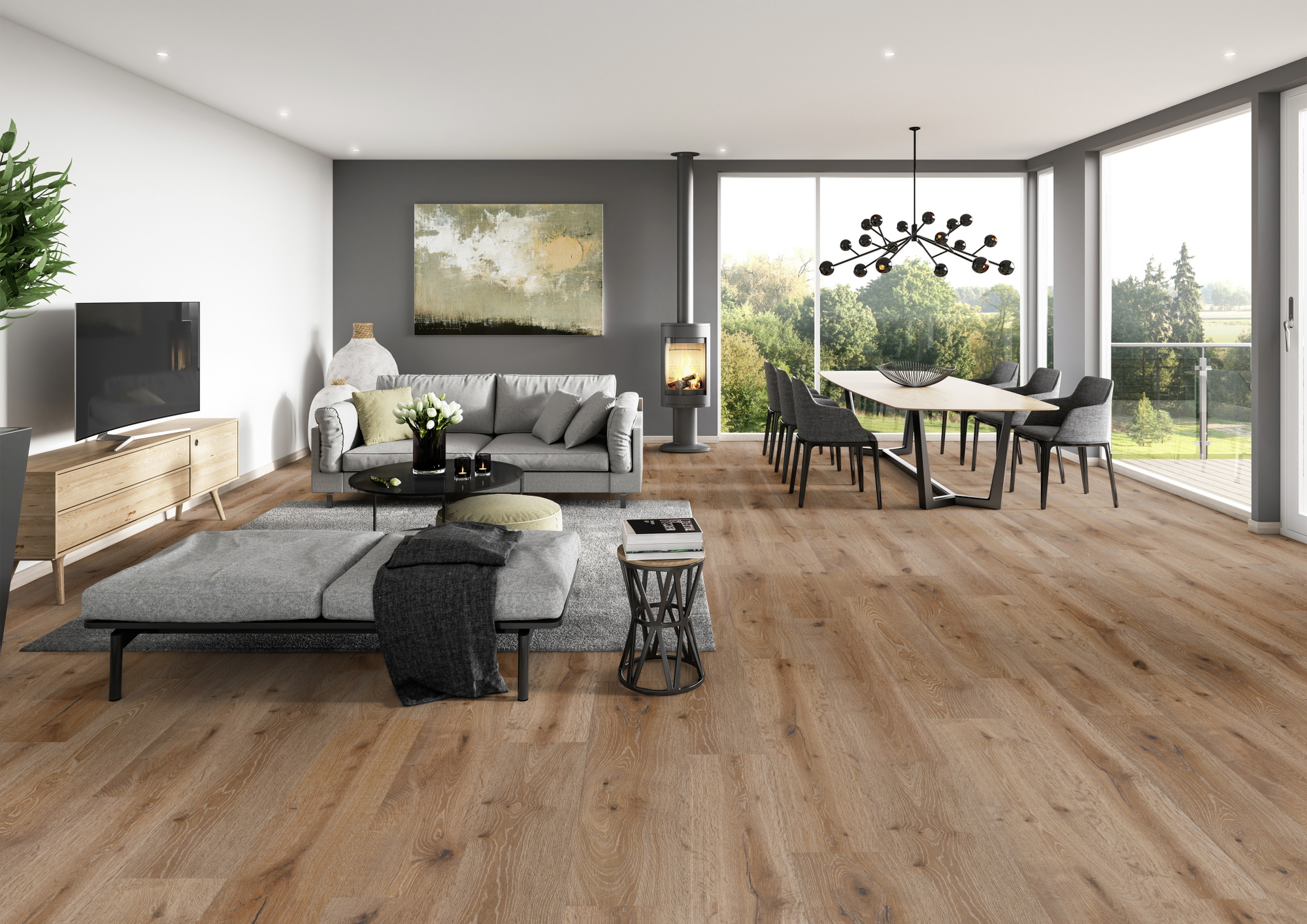 Milieubild Modernes Wohnzimmer mit Essbereich - ter Hürne Klebe-Designboden Avatara Pro Classic Edition Eiche Lyra Milieubild Modernes Wohnzimmer mit Essbereich - ter Hürne 1101270104
