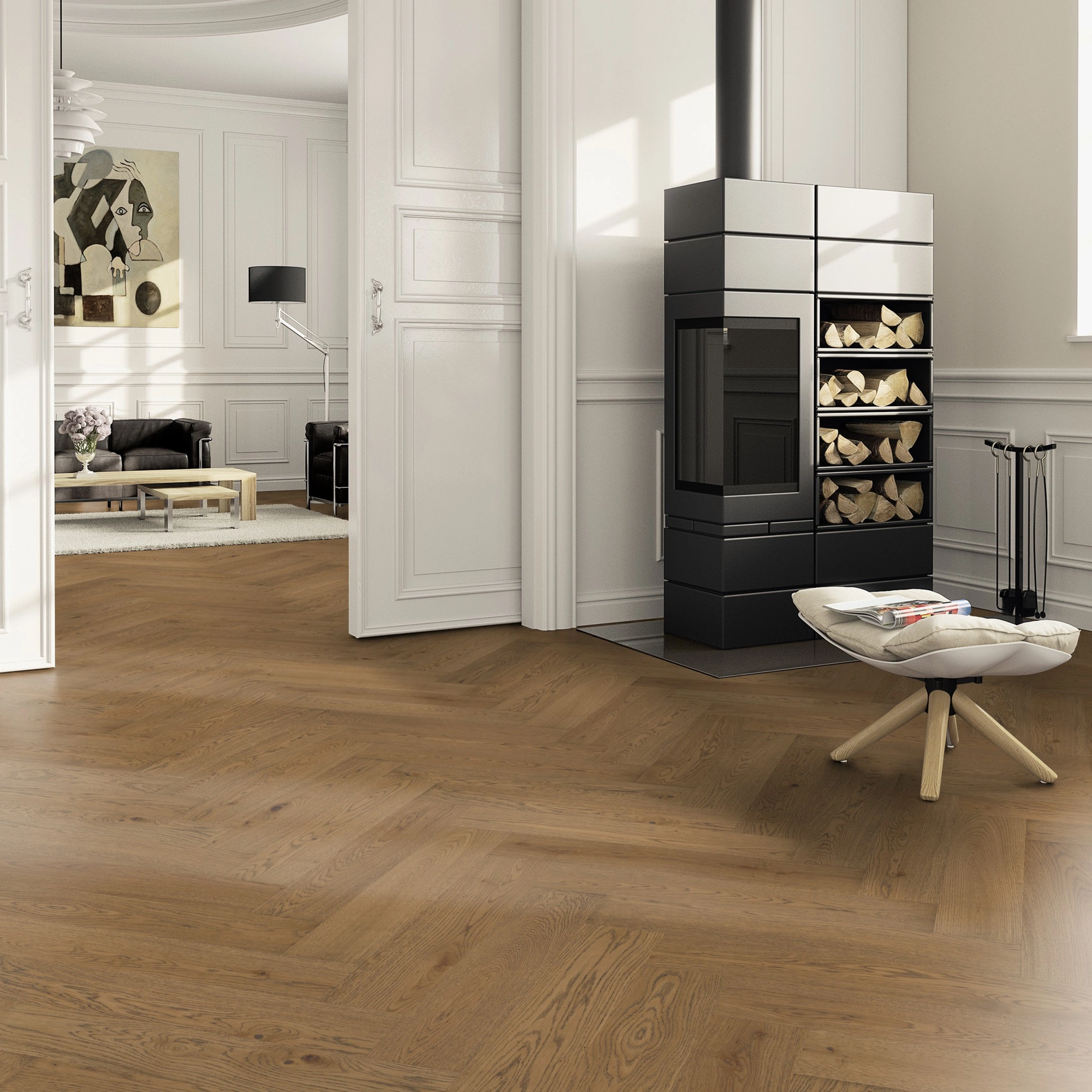 Milieubild Wohnzimmer im Landhaus-Stil mit Kamin - ter Hürne Parkett Estate Collection OLIO Eiche Dijon Milieubild Wohnzimmer im Landhaus-Stil mit Kamin - ter Hürne 1101312672