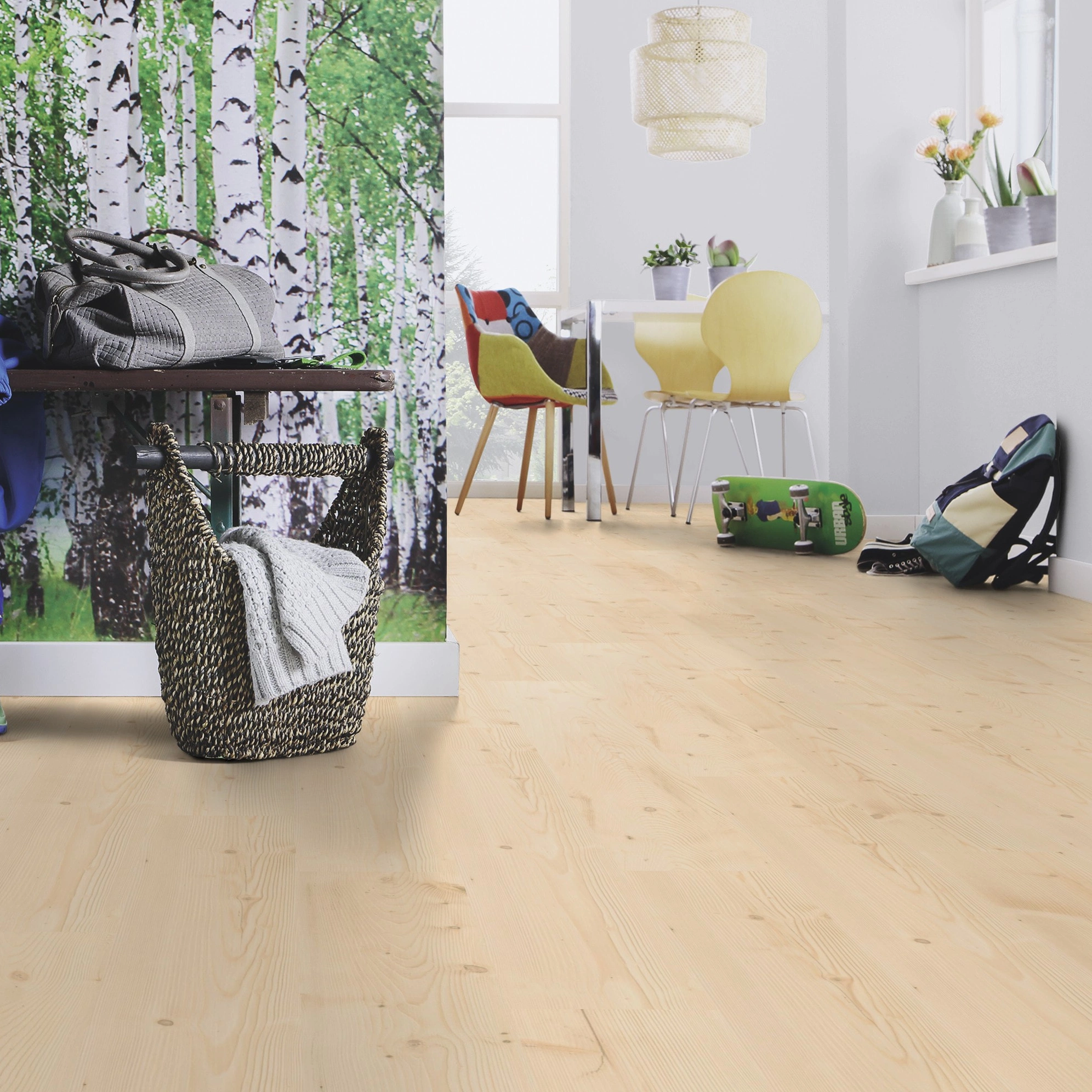 Milieubild Esszimmer mit Flur und Sitzbank - wineo Klebe-Bioboden PURLINE wineo 1000 wood L Natural Pine Beach Milieubild Esszimmer mit Flur und Sitzbank - wineo PL297R