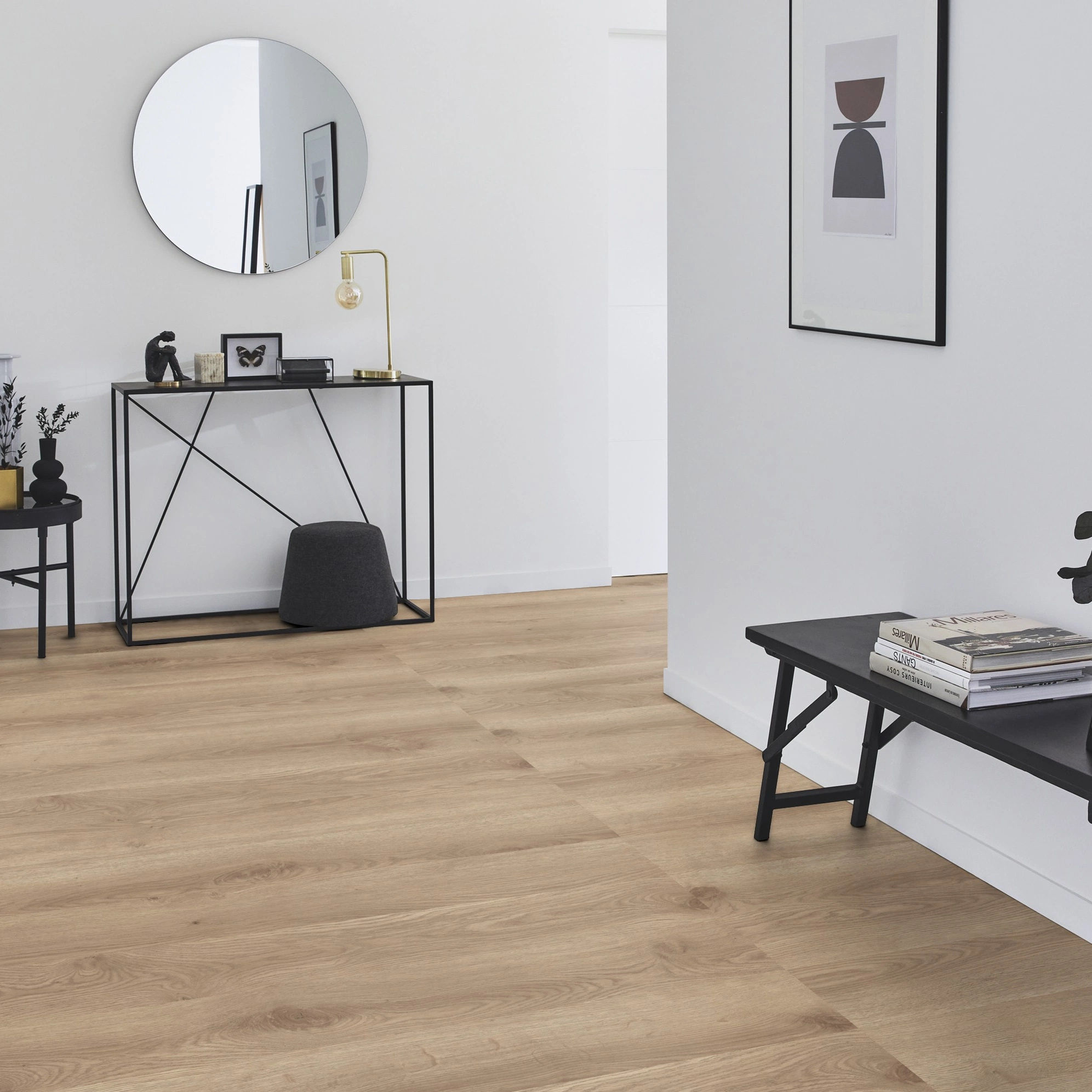 Milieubild Flur mit Sideboard und Spiegel - Tarkett Klebe-Vinyl iD Inspiration 55 CLASSICS Contemporary Oak Natural Milieubild Flur mit Sideboard und Spiegel - Tarkett 24513019
