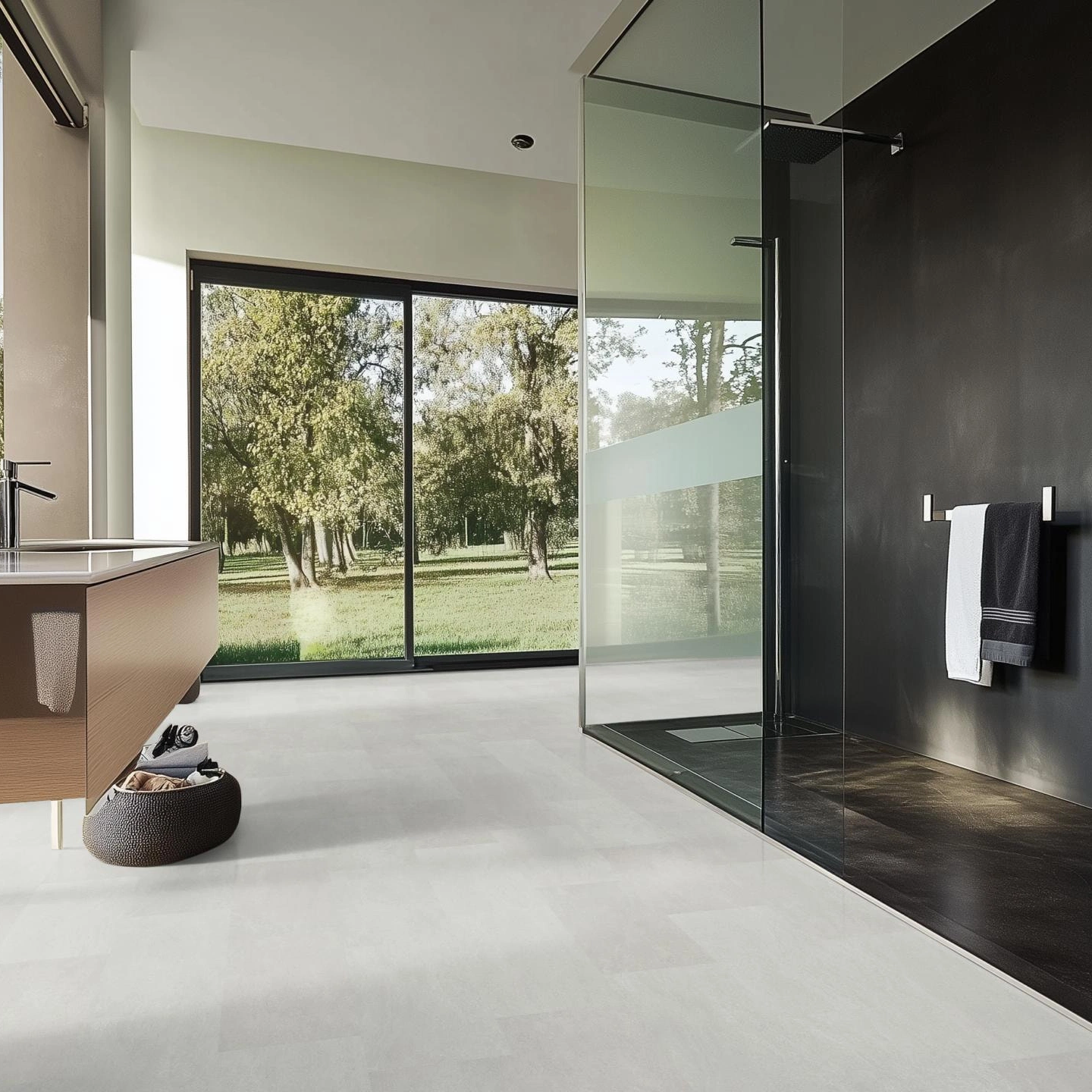 Milieubild Modernes Badezimmer mit bodentiefer Dusche - nexflor Rigid Klick-Vinyl Oreios Click Collection Oros Milieubild Modernes Badezimmer mit bodentiefer Dusche - nexflor NXF-62030-001