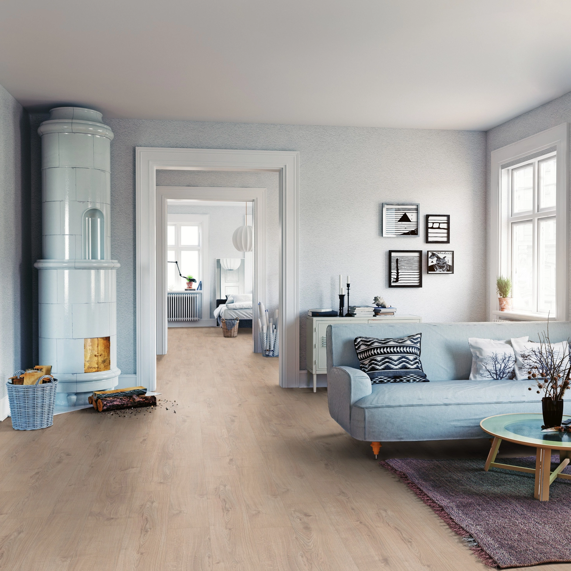 Milieubild Wohnzimmer mit Sofa und Kachelofen - ter Hürne Laminat Classic Edition Eiche Rock Cafe Milieubild Wohnzimmer mit Sofa und Kachelofen - ter Hürne 1101021837