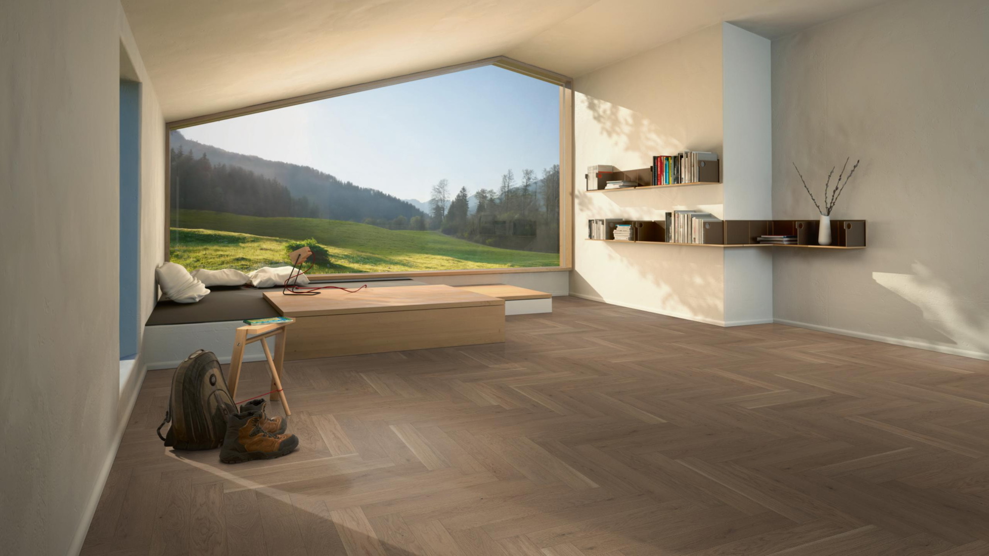 Milieubild Moderne Hütte mit Blick in die Natur - Parador Parkett Trendtime 3 Eiche nougat Milieubild Moderne Hütte mit Blick in die Natur - Parador 1739933