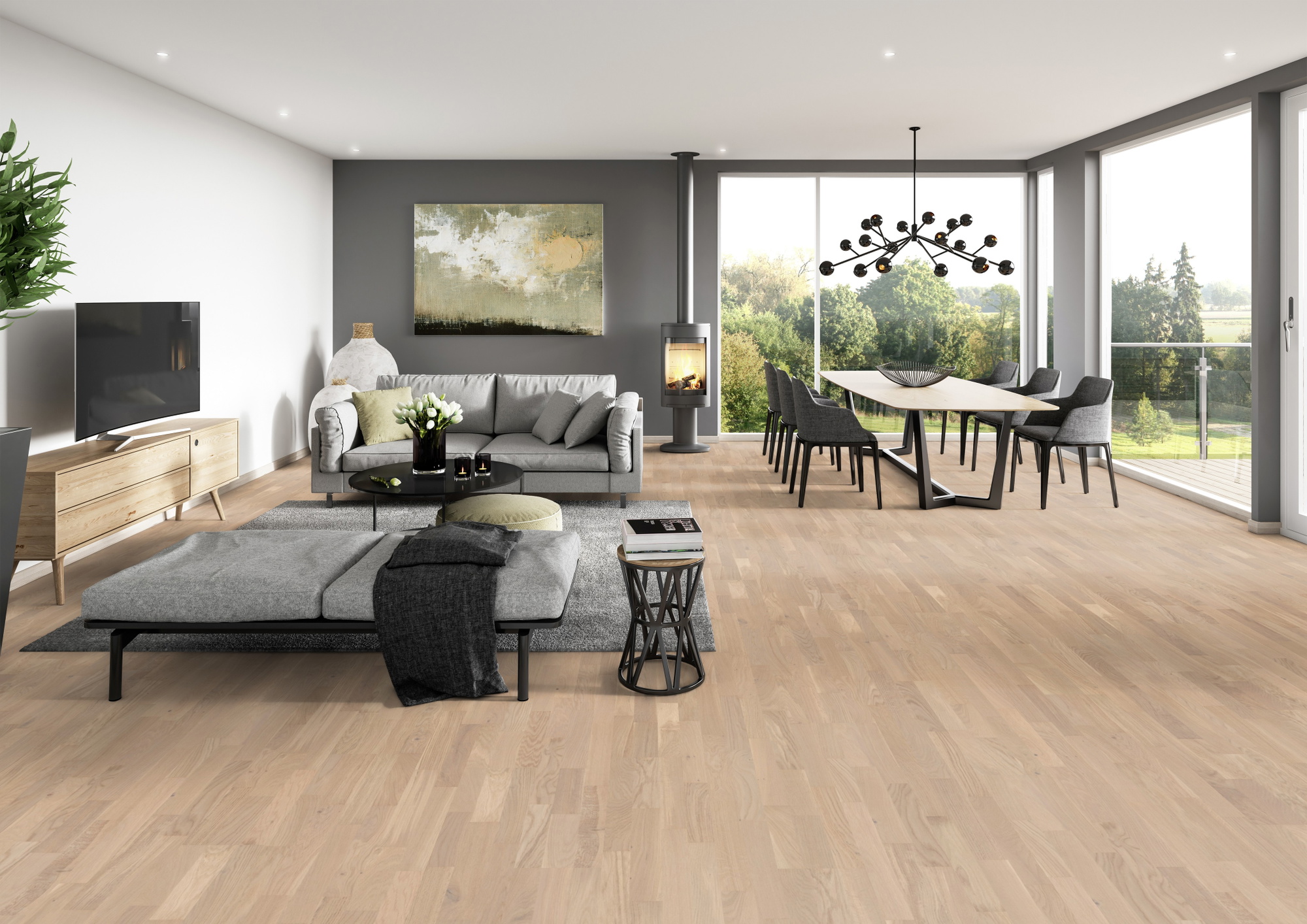 Milieubild Modernes Wohnzimmer mit Essbereich - ter Hürne Parkett Tailored Collection Eiche Champagne Milieubild Modernes Wohnzimmer mit Essbereich - ter Hürne 1101312503
