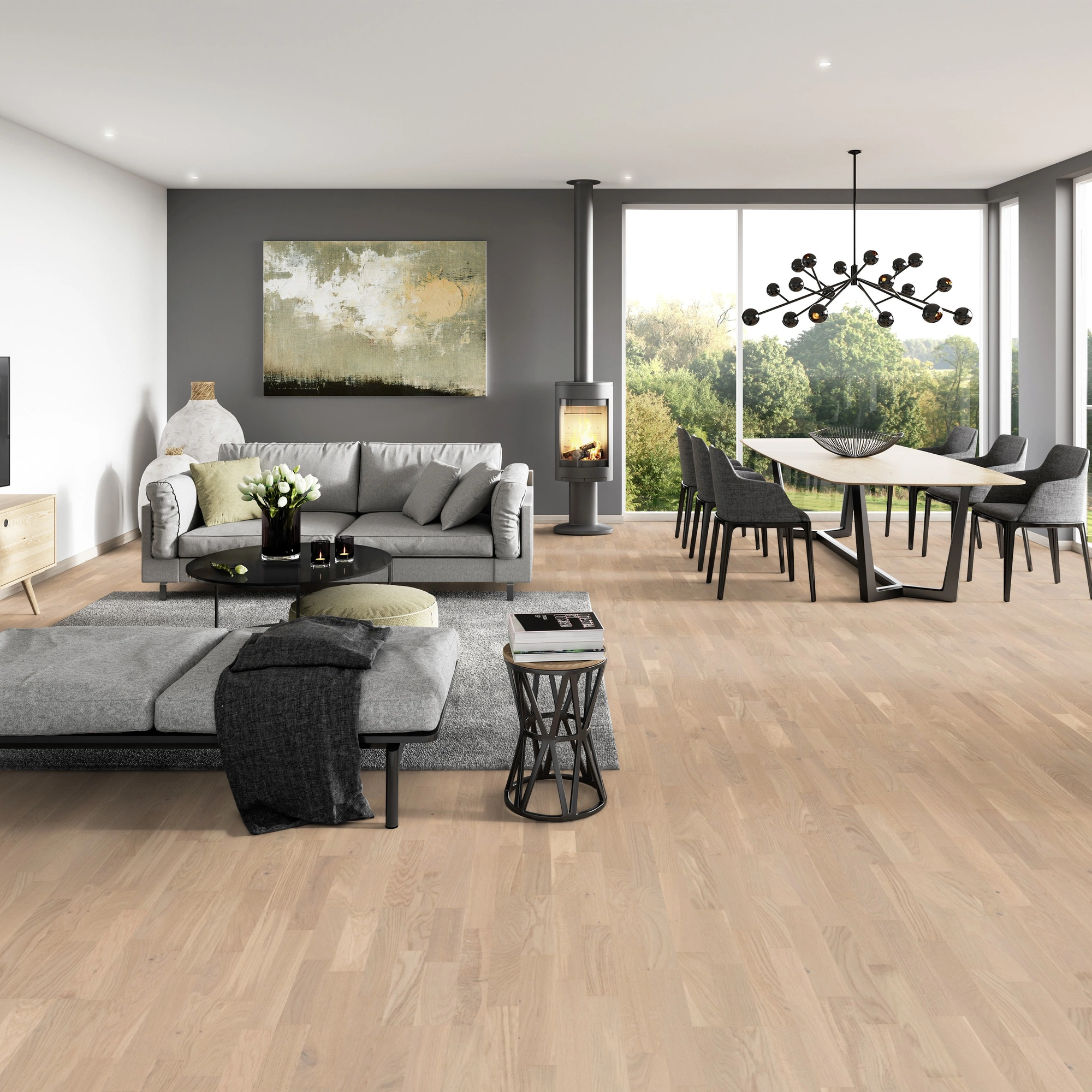 Milieubild Modernes Wohnzimmer mit Essbereich - ter Hürne Parkett Tailored Collection Eiche Champagne Milieubild Modernes Wohnzimmer mit Essbereich - ter Hürne 1101312503