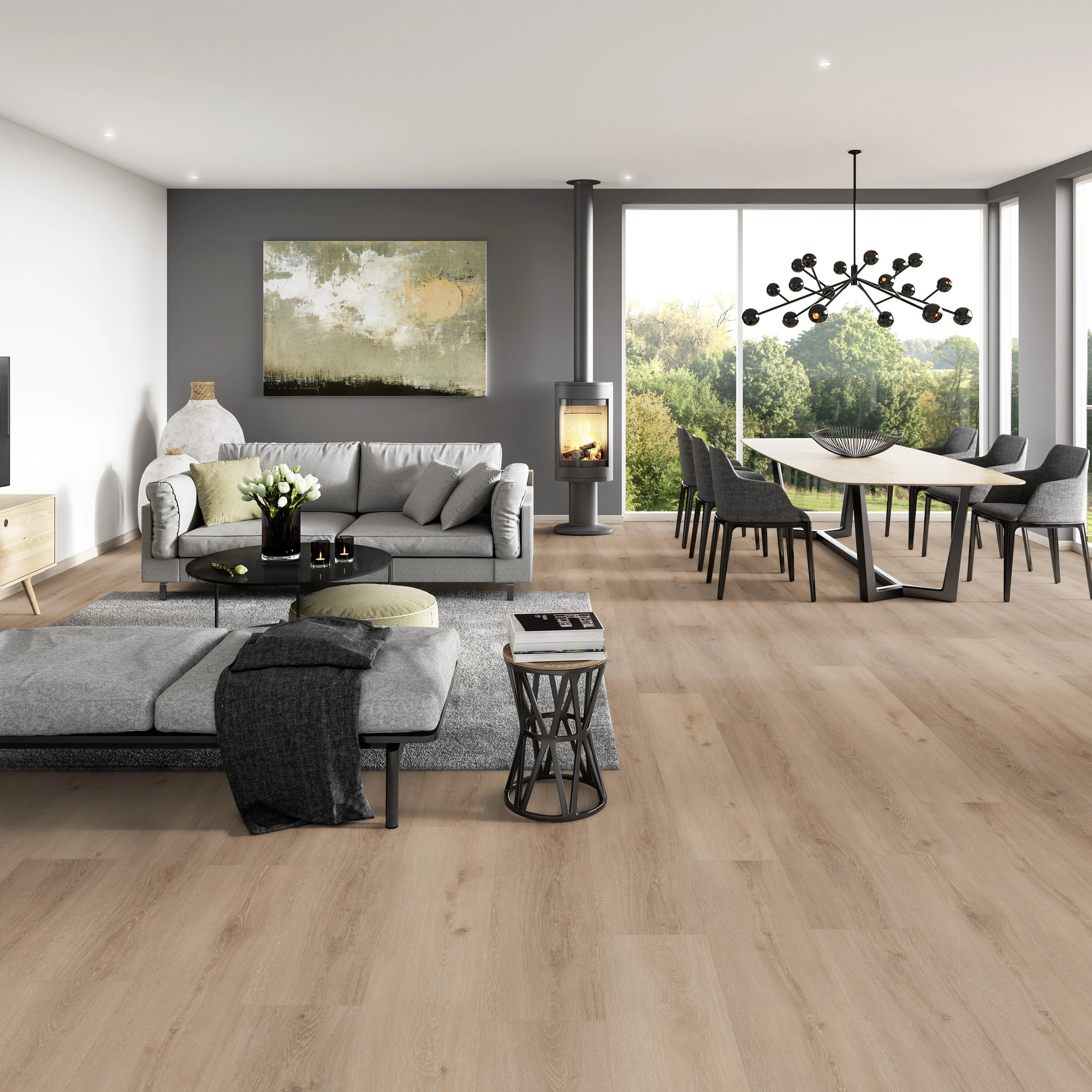 Milieubild Modernes Wohnzimmer mit Essbereich - ter Hürne Klebe-Vinyl Pro Classic Edition Eiche Budapest Milieubild Modernes Wohnzimmer mit Essbereich - ter Hürne 1101210429