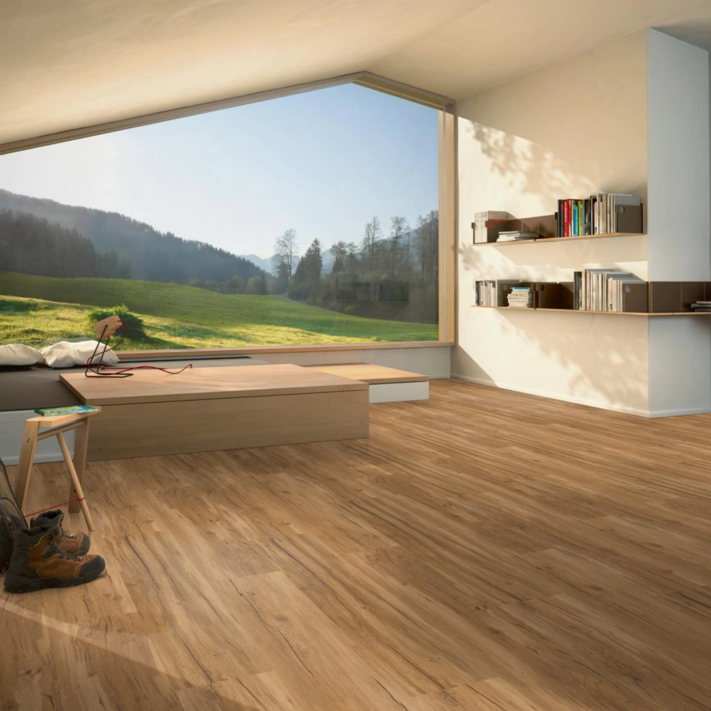 Milieubild Moderne Hütte mit Blick in die Natur - Parador Klebe-Vinyl Classic 2025 Eiche Memory natur Milieubild Moderne Hütte mit Blick in die Natur - Parador 1748871