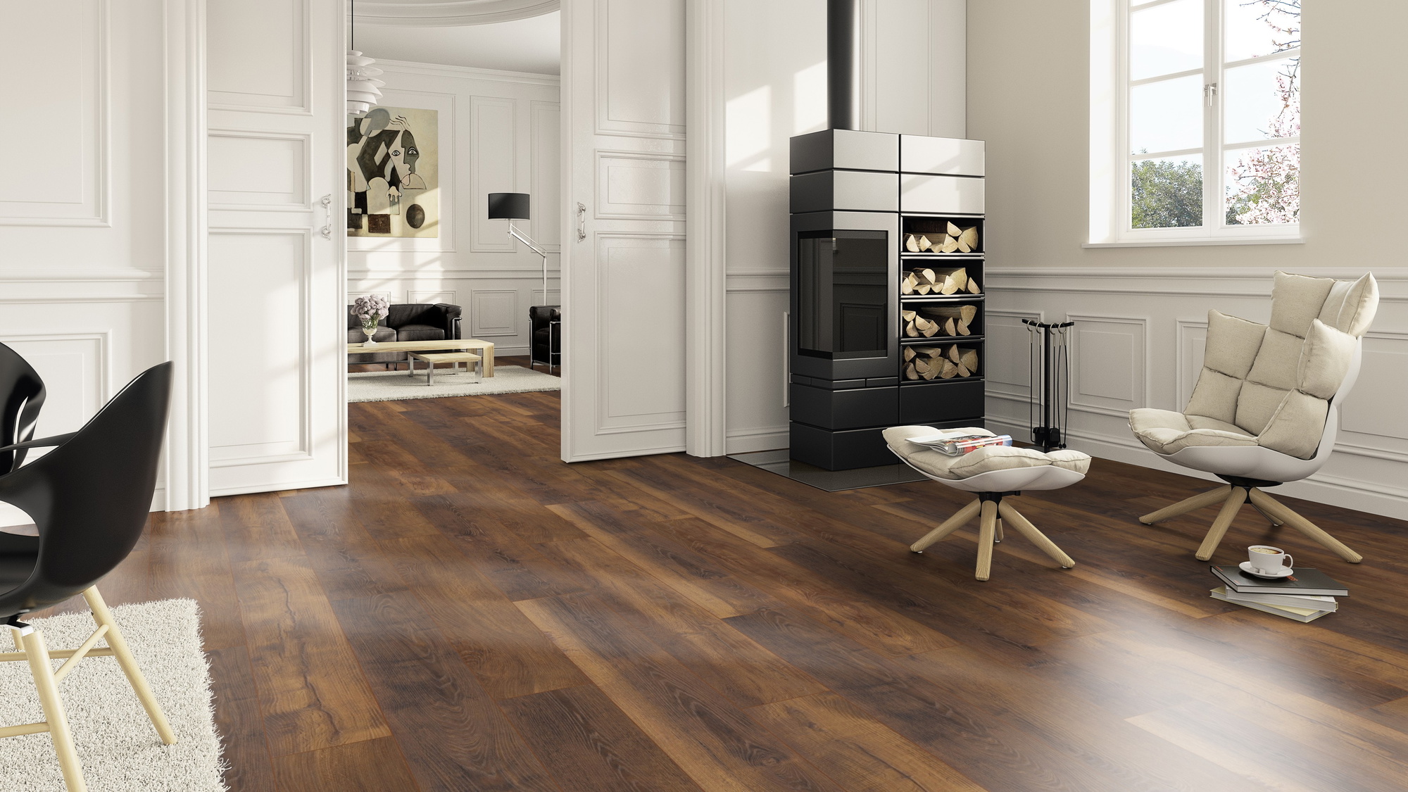 Milieubild Wohnzimmer im Landhaus-Stil mit Kamin - ter Hürne Klick-Designboden Dureco Strong Classic Edition Eiche Jamaica Milieubild Wohnzimmer im Landhaus-Stil mit Kamin - ter Hürne 1101260046