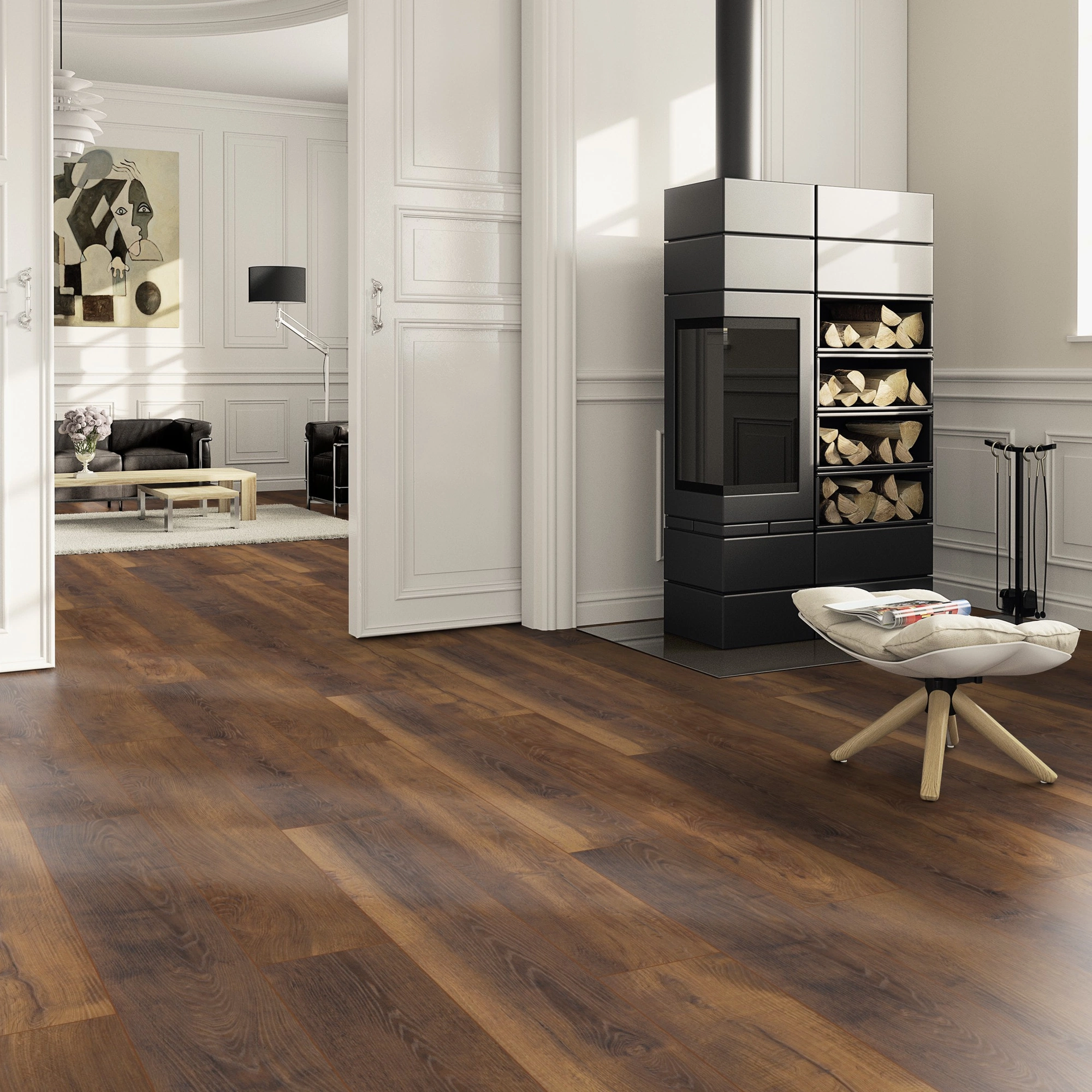 Milieubild Wohnzimmer im Landhaus-Stil mit Kamin - ter Hürne Klick-Designboden Dureco Strong Classic Edition Eiche Jamaica Milieubild Wohnzimmer im Landhaus-Stil mit Kamin - ter Hürne 1101260046