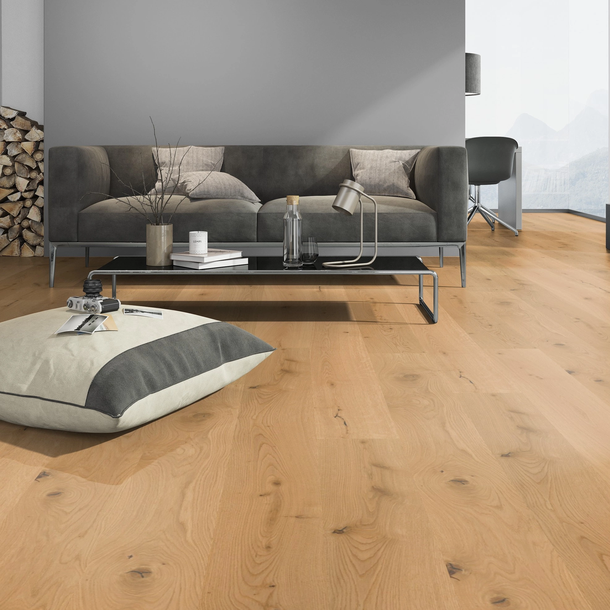 Milieubild Modernes Wohnzimmer mit Kamin - Admonter Parkett FLOORs Eiche stone Milieubild Modernes Wohnzimmer mit Kamin - Admonter 106188
