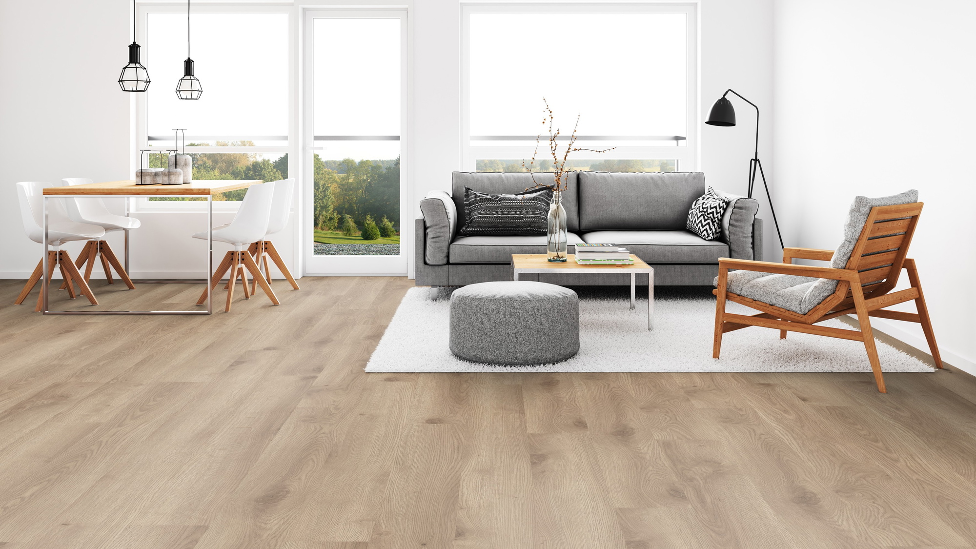 Milieubild Wohnzimmer mit Esszimmer - Tarkett Klebe-Vinyl iD Inspiration 30 CLASSICS Contemporary Oak Natural Milieubild Wohnzimmer mit Esszimmer - Tarkett 24524019